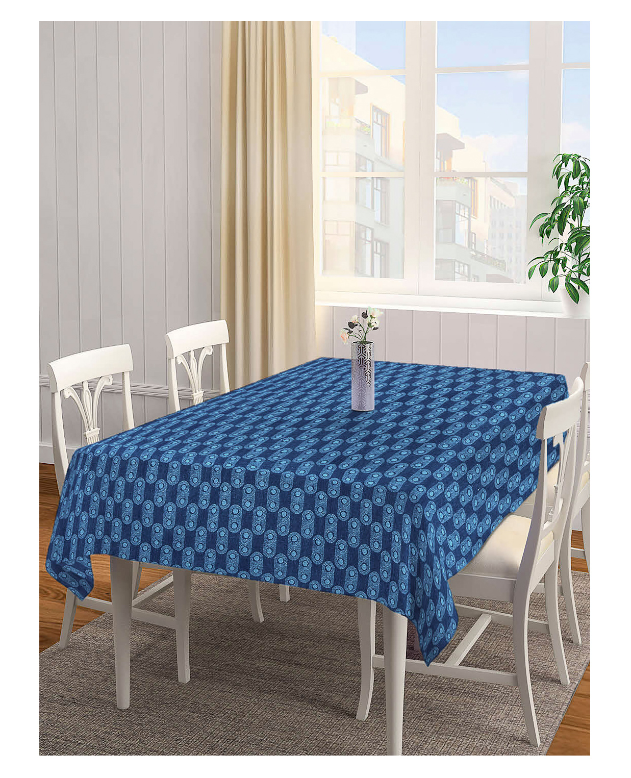 Arrabi Blue Geometric Handwoven Cotton 8 Seater Table Cover Artc-1207-Blue-image-20