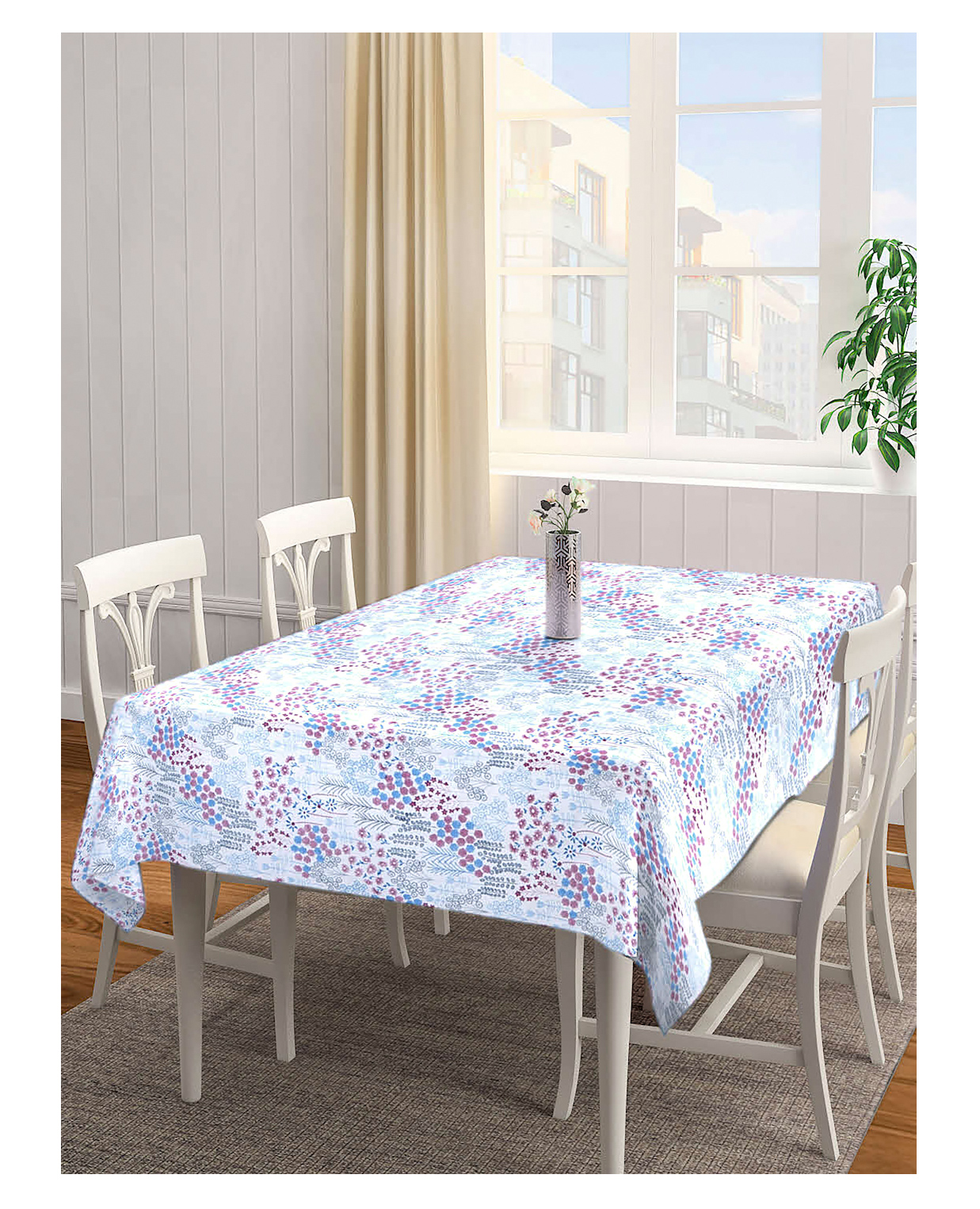 Arrabi White Floral Tc Cotton Blend 6 Seater Table Cover Artc-1217-White-picture-46