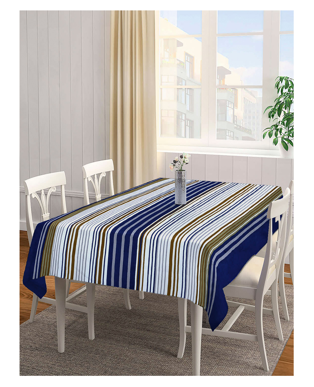 Arrabi Blue Stripes Tc Cotton Blend 6 Seater Table Cover Artc-1218-Blue-picture-47