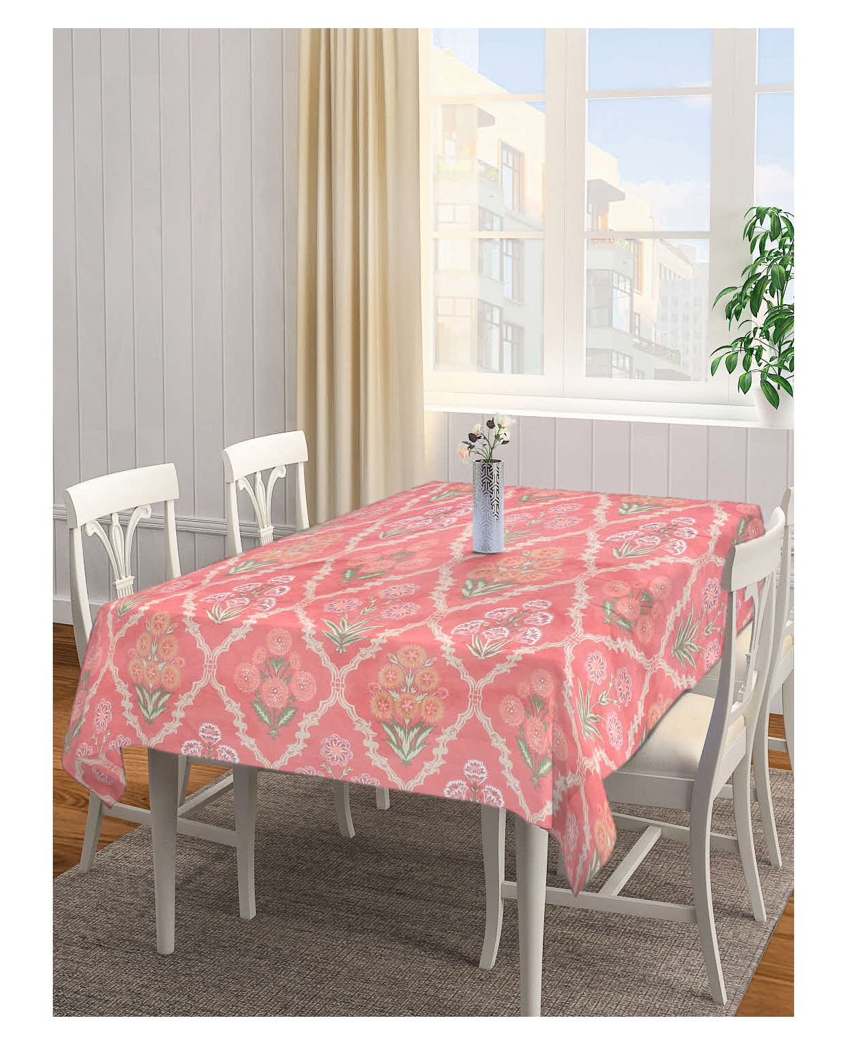 Arrabi Peach Floral Cotton Blend 6 Seater Table Cover ARTC-1235 - Peach-image-48