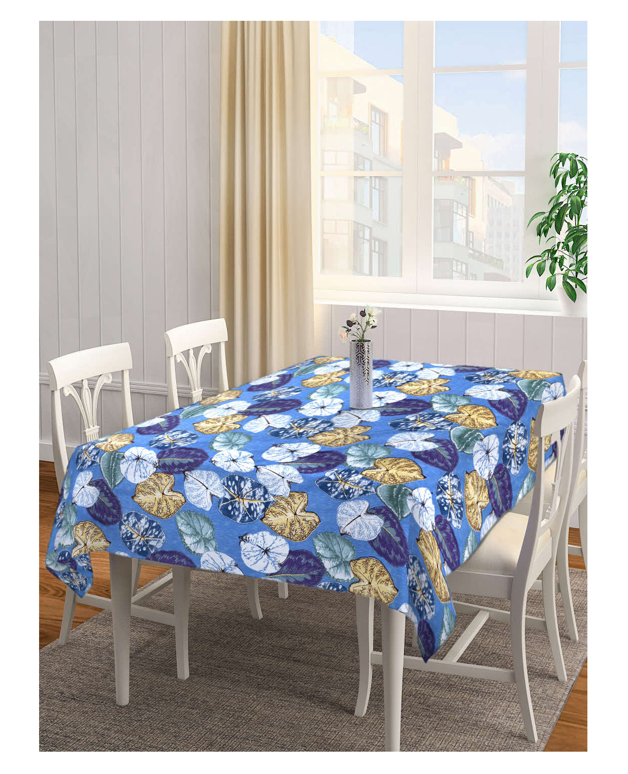 Arrabi Blue Leaf Cotton Blend 6 SEATER Table Cover ARTC-1404-Blue-picture-6