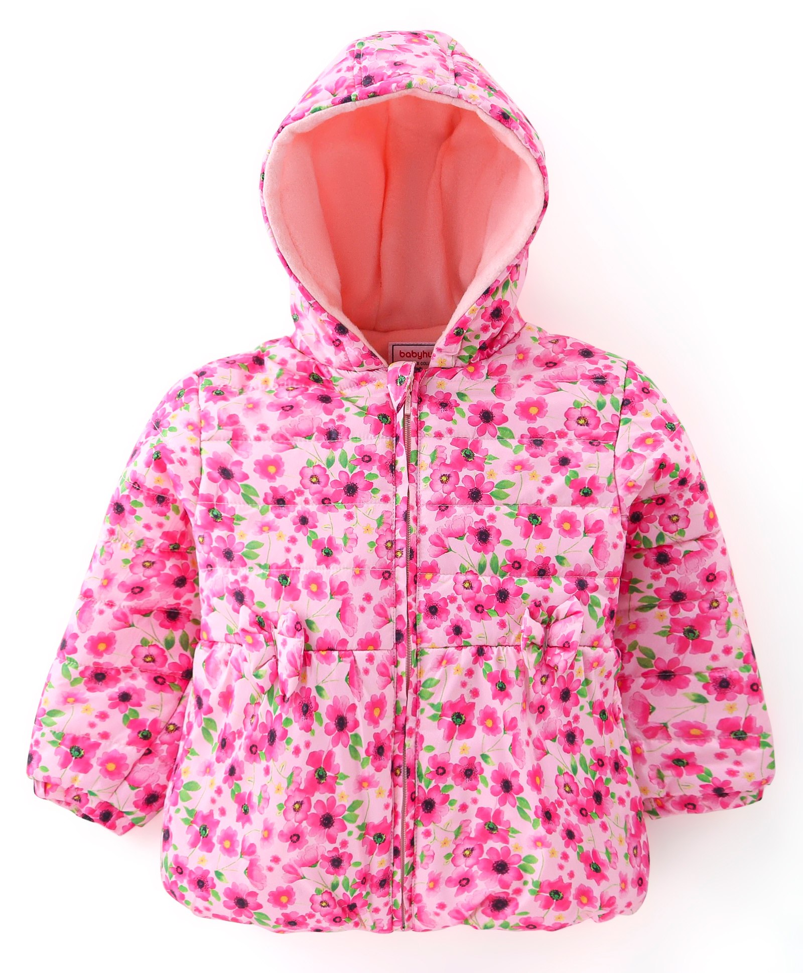 Babyhug 100% Cotton Full Sleeves Hooded Quilted  Jacket With Floral Print - Pink-picture-24