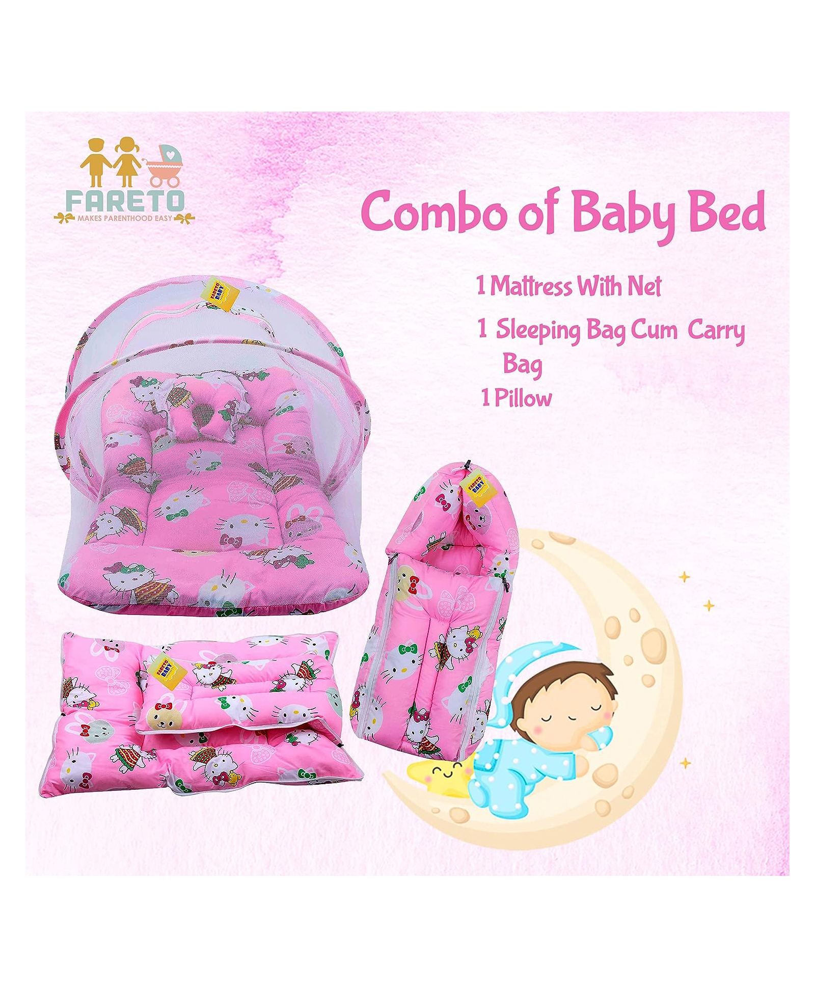 Fareto Baby Mattress with Net & Sleeping Bag - Pink-picture-22