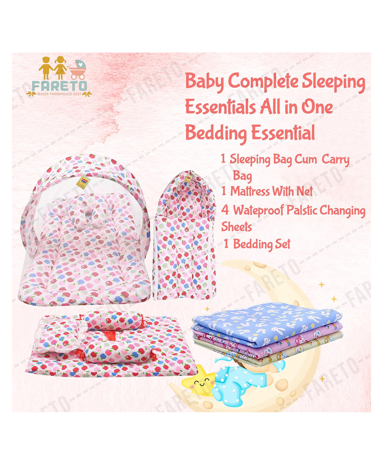 fareto Baby Complete Sleeping Essentials All in One Bedding Essential - Pink-picture-36