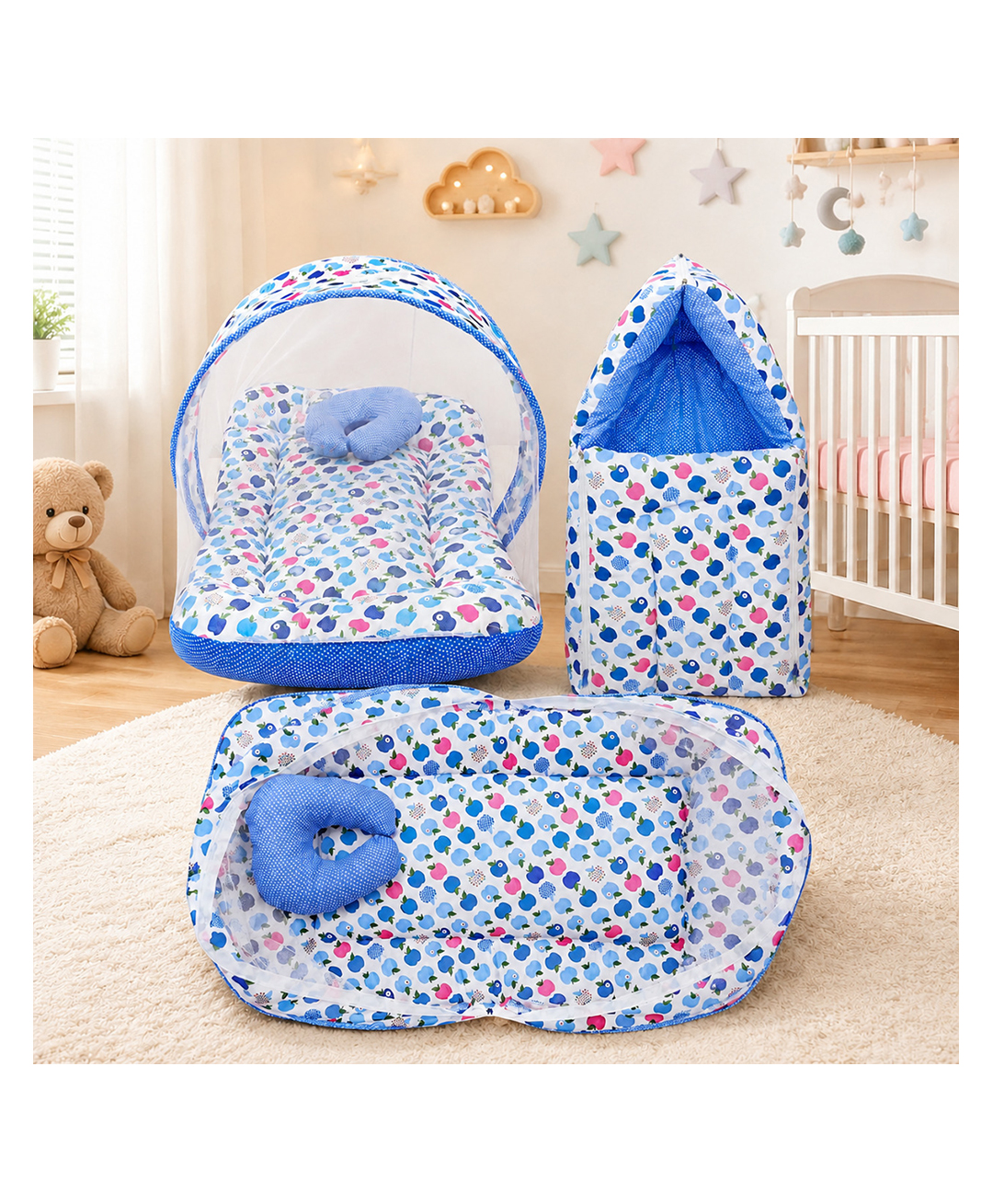 Fareto Born Baby Apple Print Mattress with Net & Sleeping Bag - Blue-picture-11