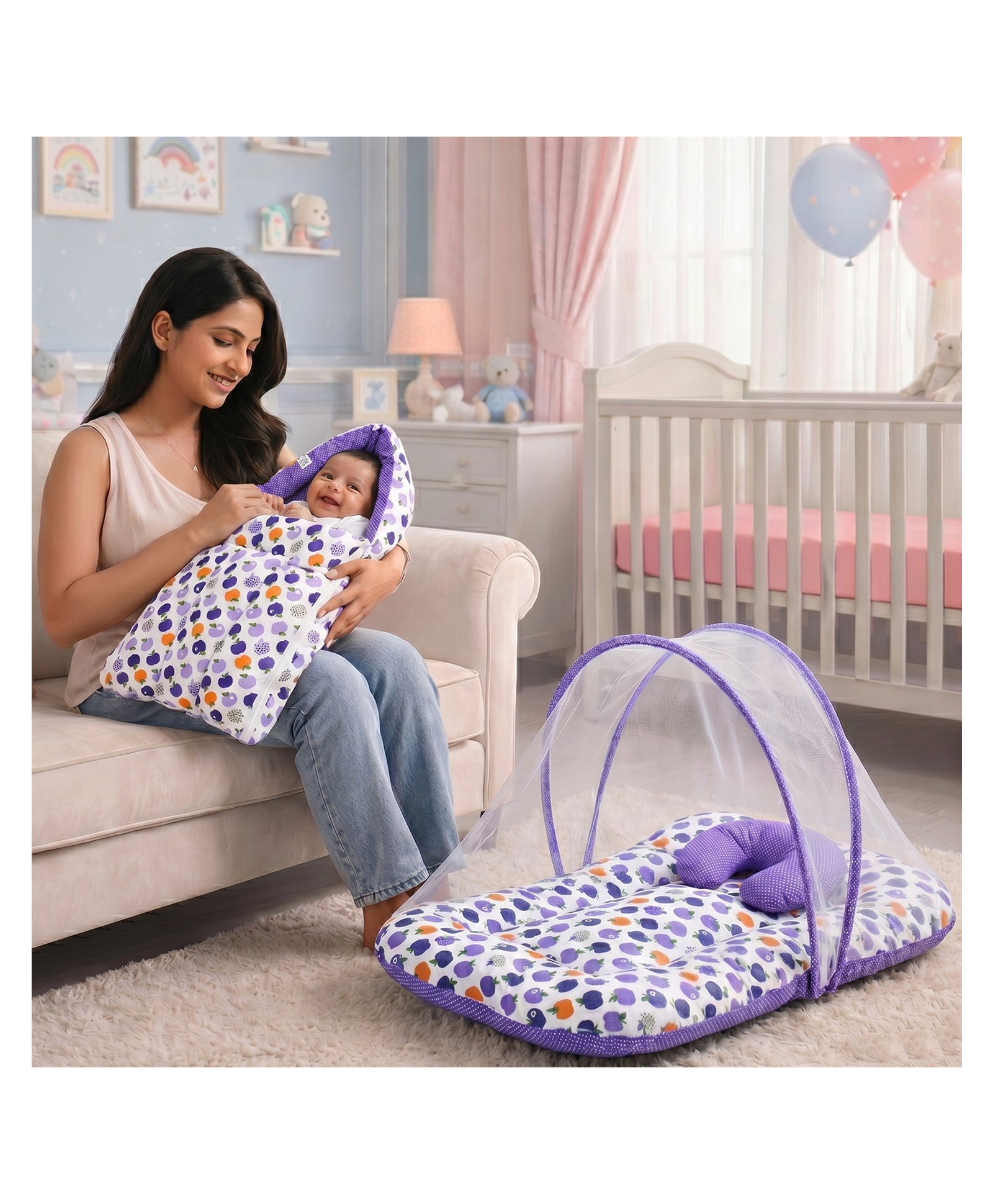 Fareto Born Baby Apple Print Mattress with Net & Sleeping Bag - Purple-picture-27