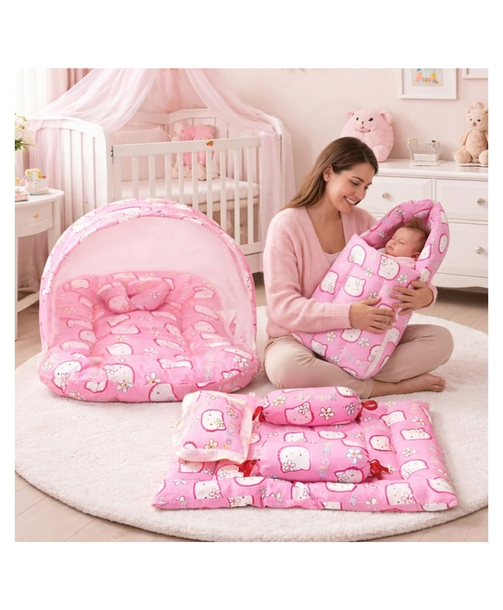 Fareto Combo of Baby Fullset Kitty Bed Set - Pink-image-12