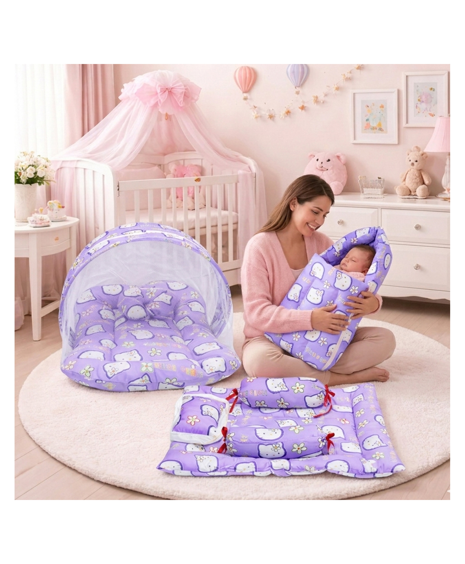 Fareto Combo of Baby Fullset Kitty Bed Set - Purple-image-2