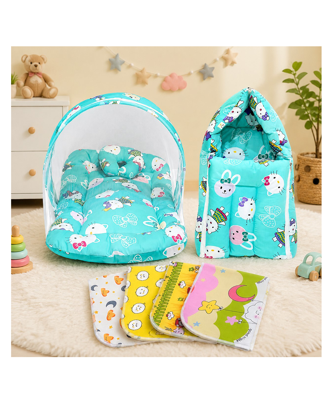 Fareto Baby's Gift Pack Combo of  Mattress Net Bed Carry Bad Plastic - Pista Green-picture-10