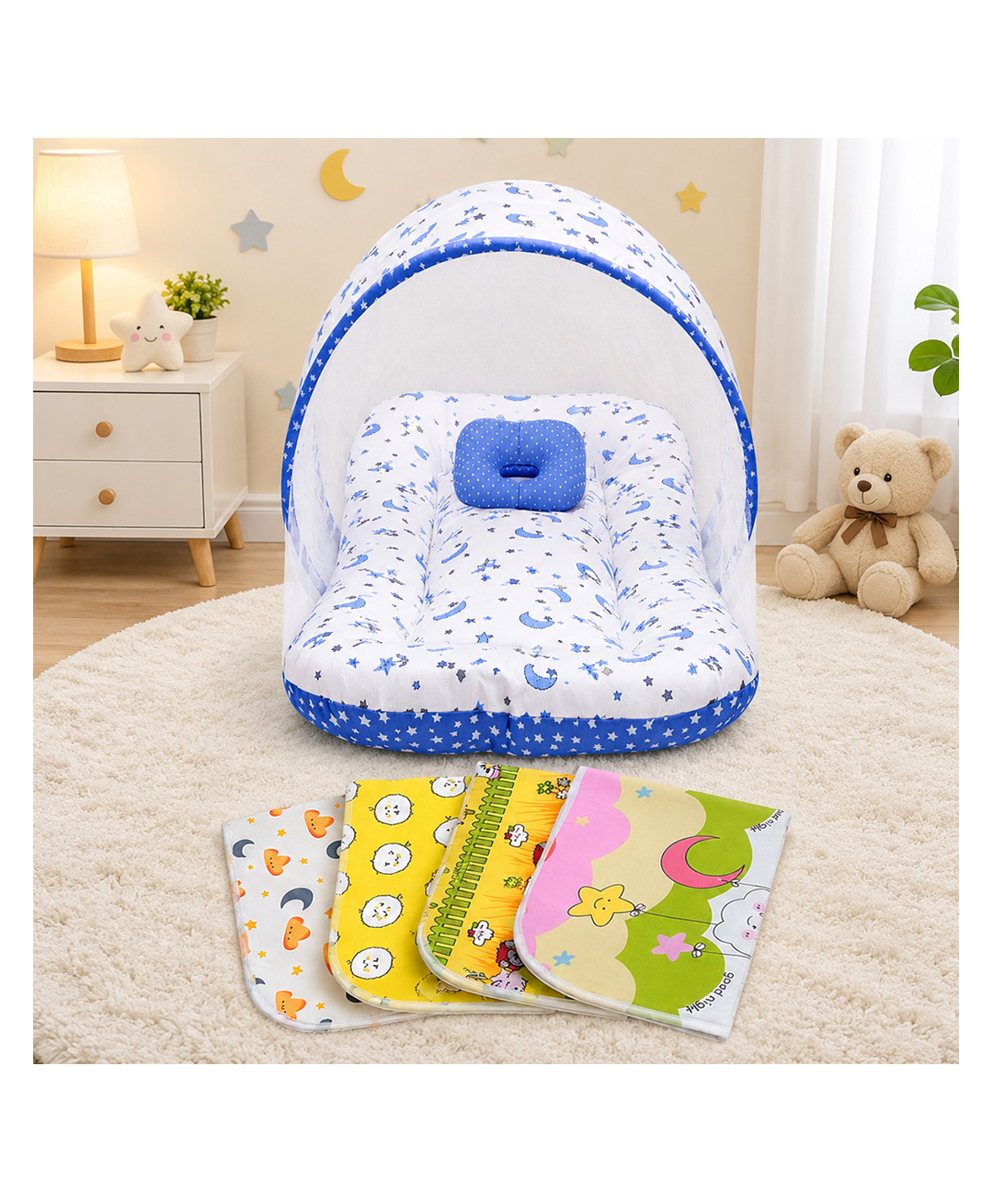 Fareto New Born Baby Combo of 1 Mosquito Net Bed and 4 Plastic - Blue-picture-18