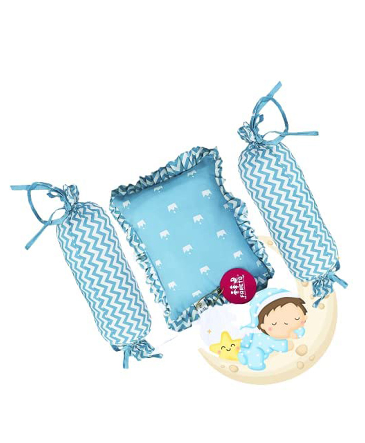 Fareto New Born Baby Soft Cotton Neck Pillow with 2 Bolster,Crown Blue-image-2