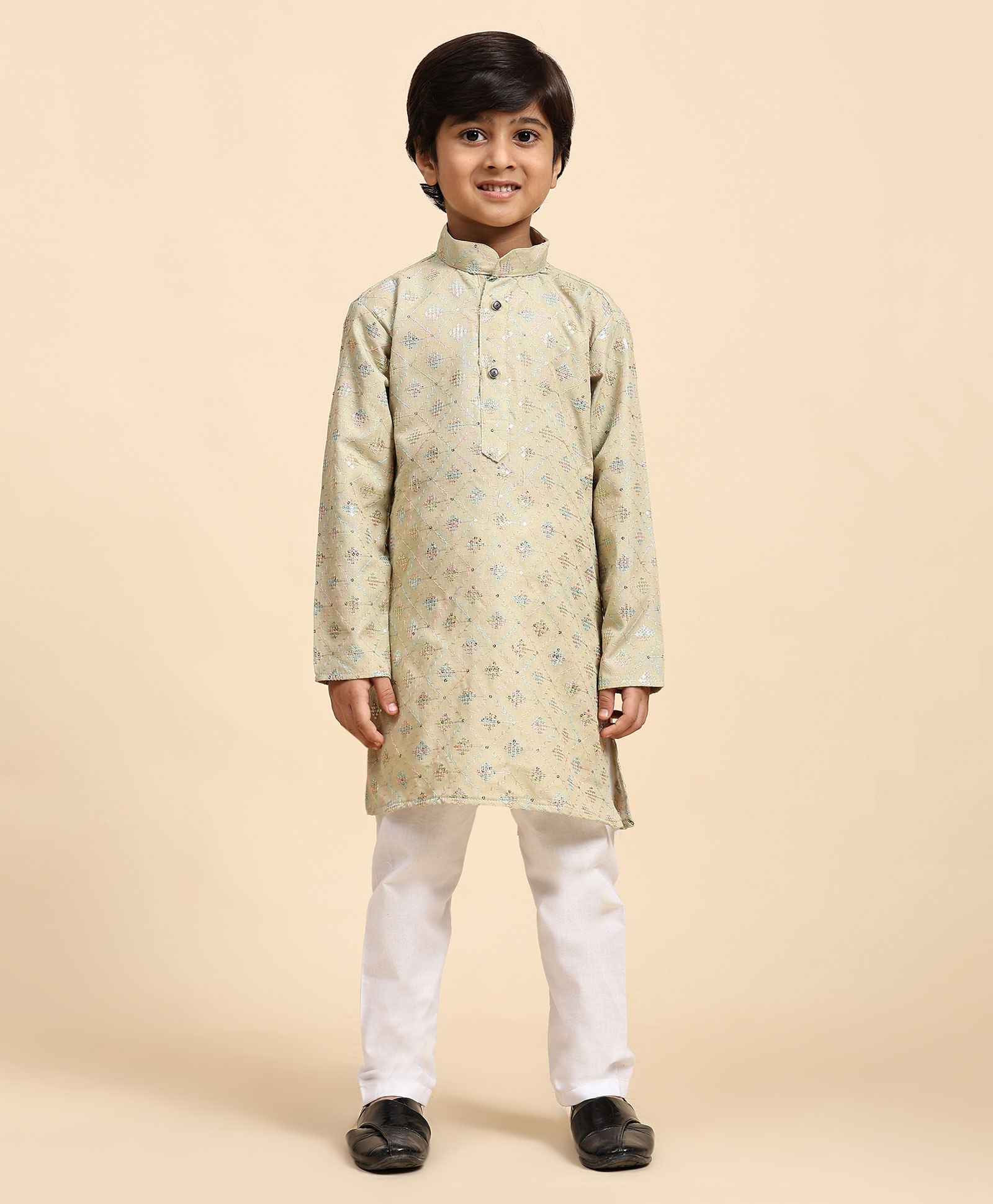 P-MARK Full Sleeves Sequin P-MARK Full Sleeves Sequin Blocks Embellished & Embroidered Traditional Kurta & Pyjama - Fawn-picture-21