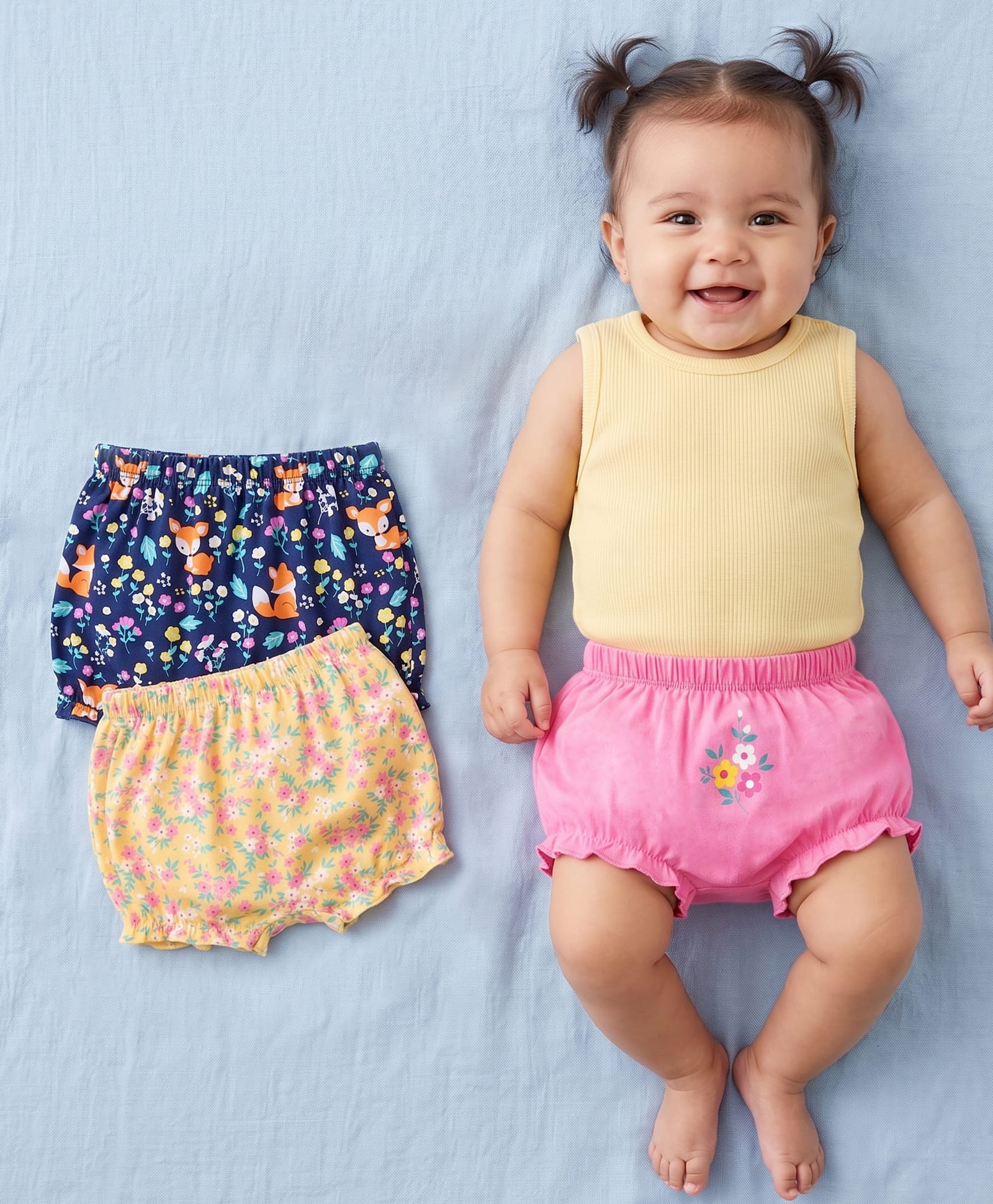 Babyhug 100% Cotton Bloomers Fox & Floral Print Pack of 3- Blue Yellow & Pink-image-16