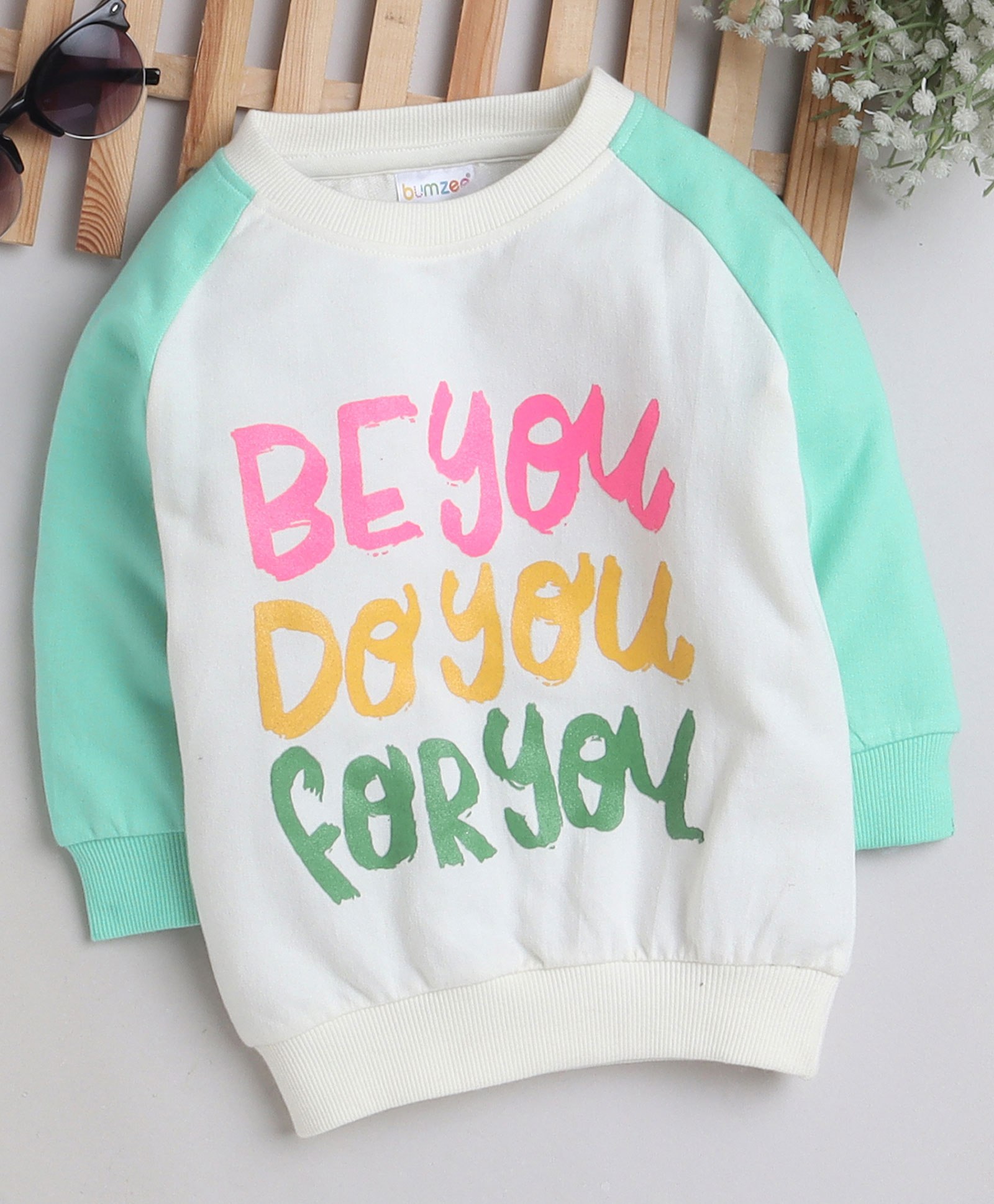 BUMZEE Raglan Full Sleeves Be You Text Printed Sweatshirt - White & Green-picture-19