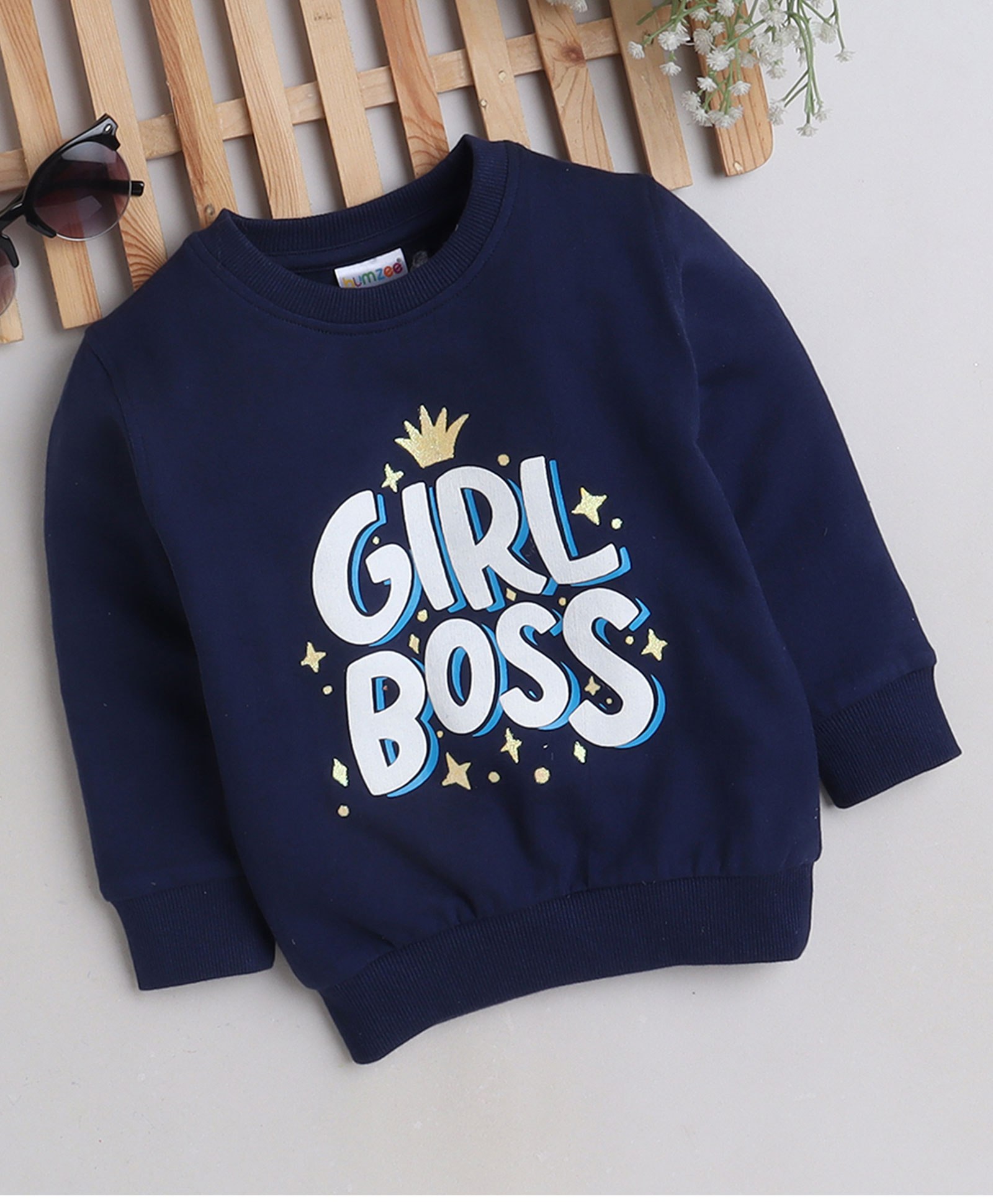 BUMZEE Full Sleeves Girl Boss With Crown Printed Sweatshirt - Navy Blue-image-4