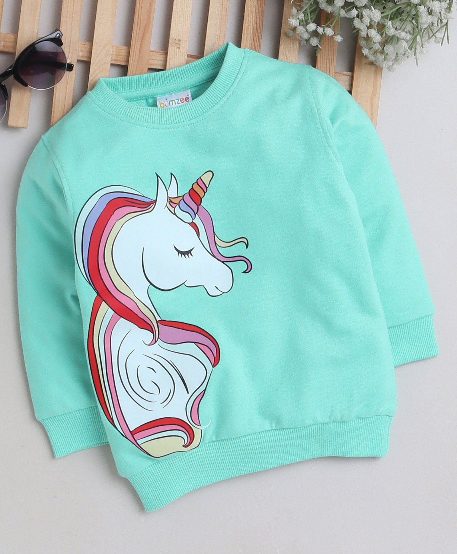 BUMZEE Full Sleeves Unicorn Printed Sweatshirt - Mint Green-image-42