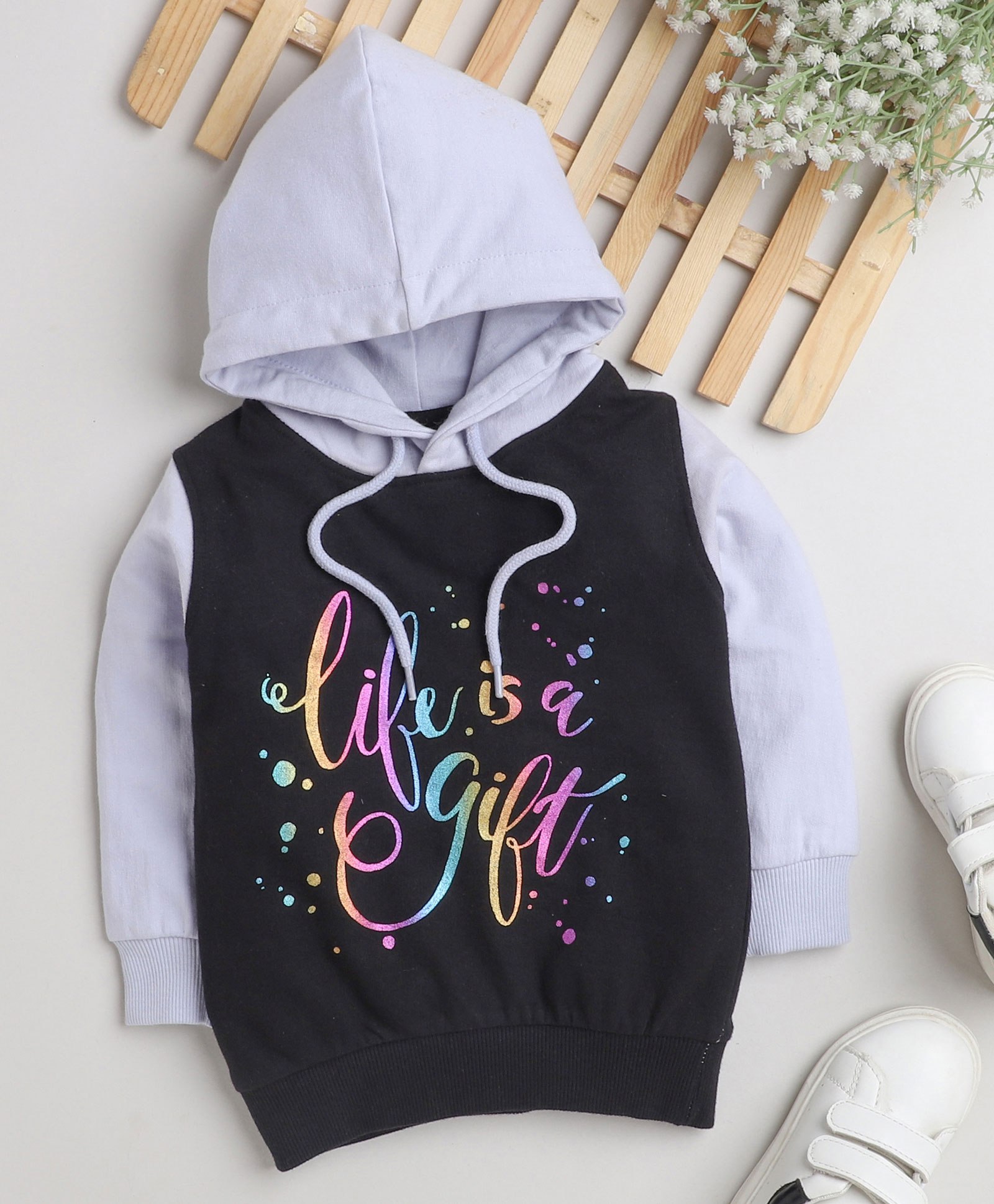 BUMZEE Full Sleeves Life Is A Gift Printed Hooded Sweatshirt - Black & Lavender-picture-43