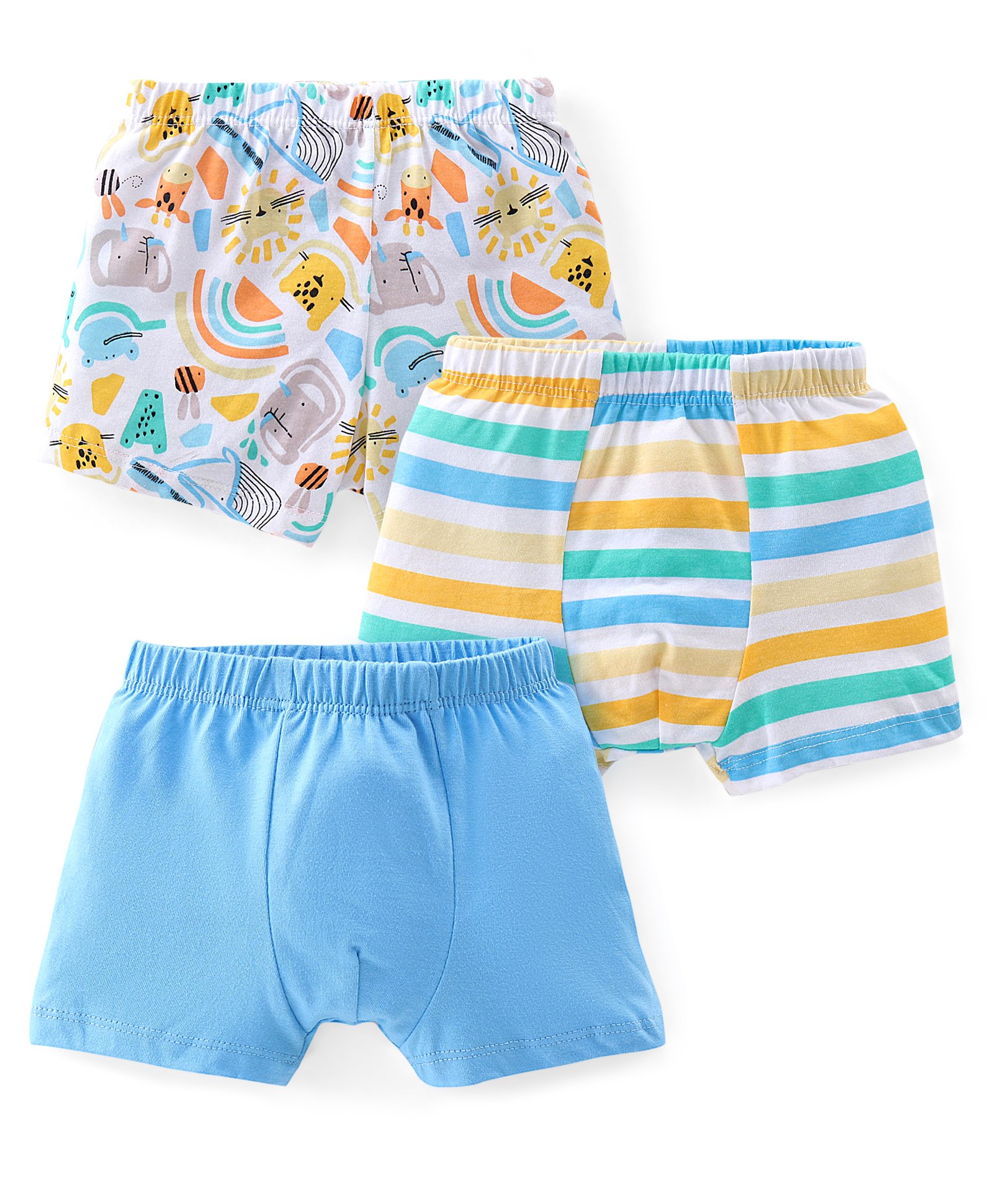 Babyhug 100% Cotton Knit Single Jersey Solid Stripe & Animal Print Trunks Pack of 3 - Blue & White-image-30