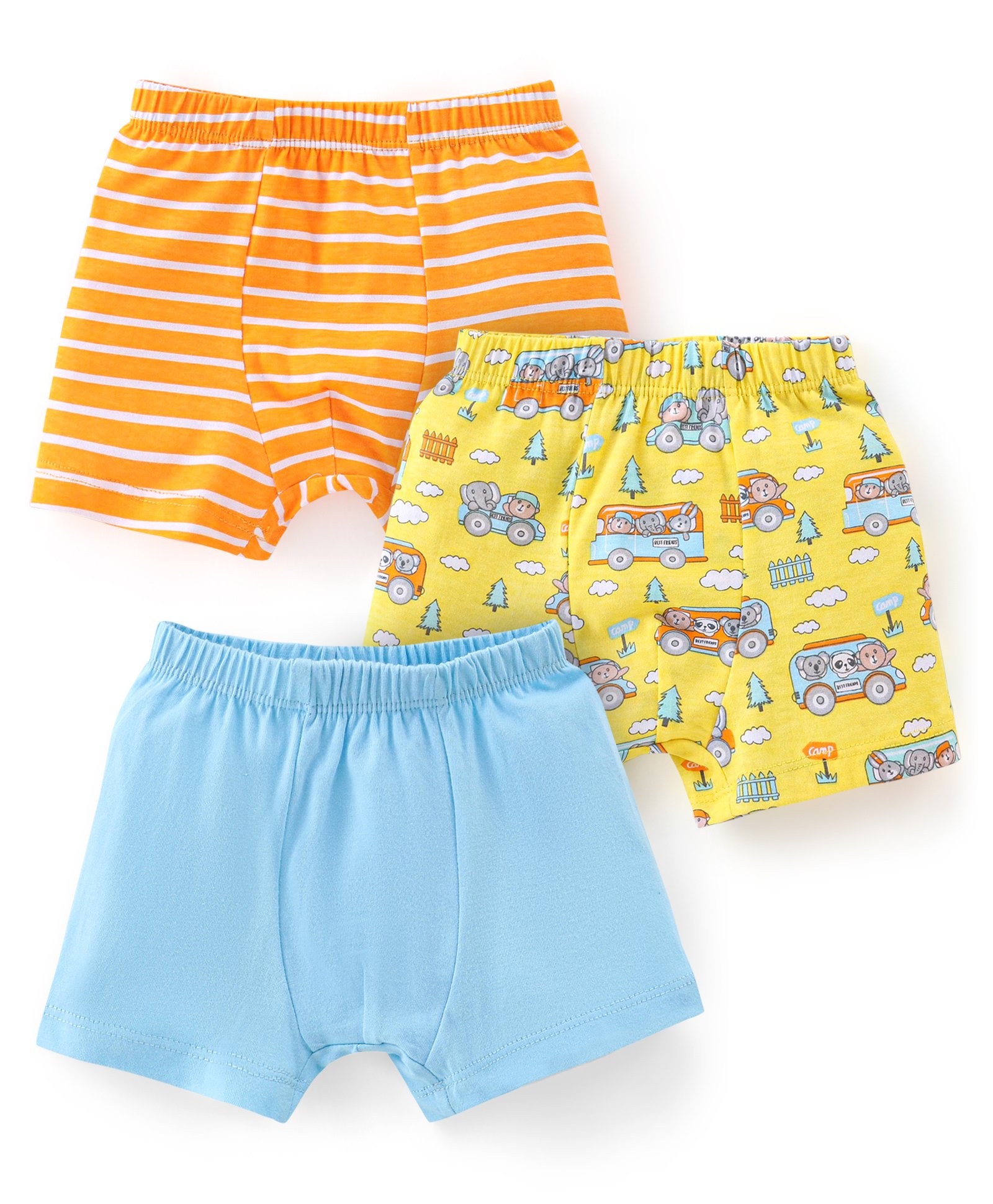 Babyhug 100% Cotton Trunk Striped & Car Print Pack Of 3 - Orange Yellow & Blue-image-34