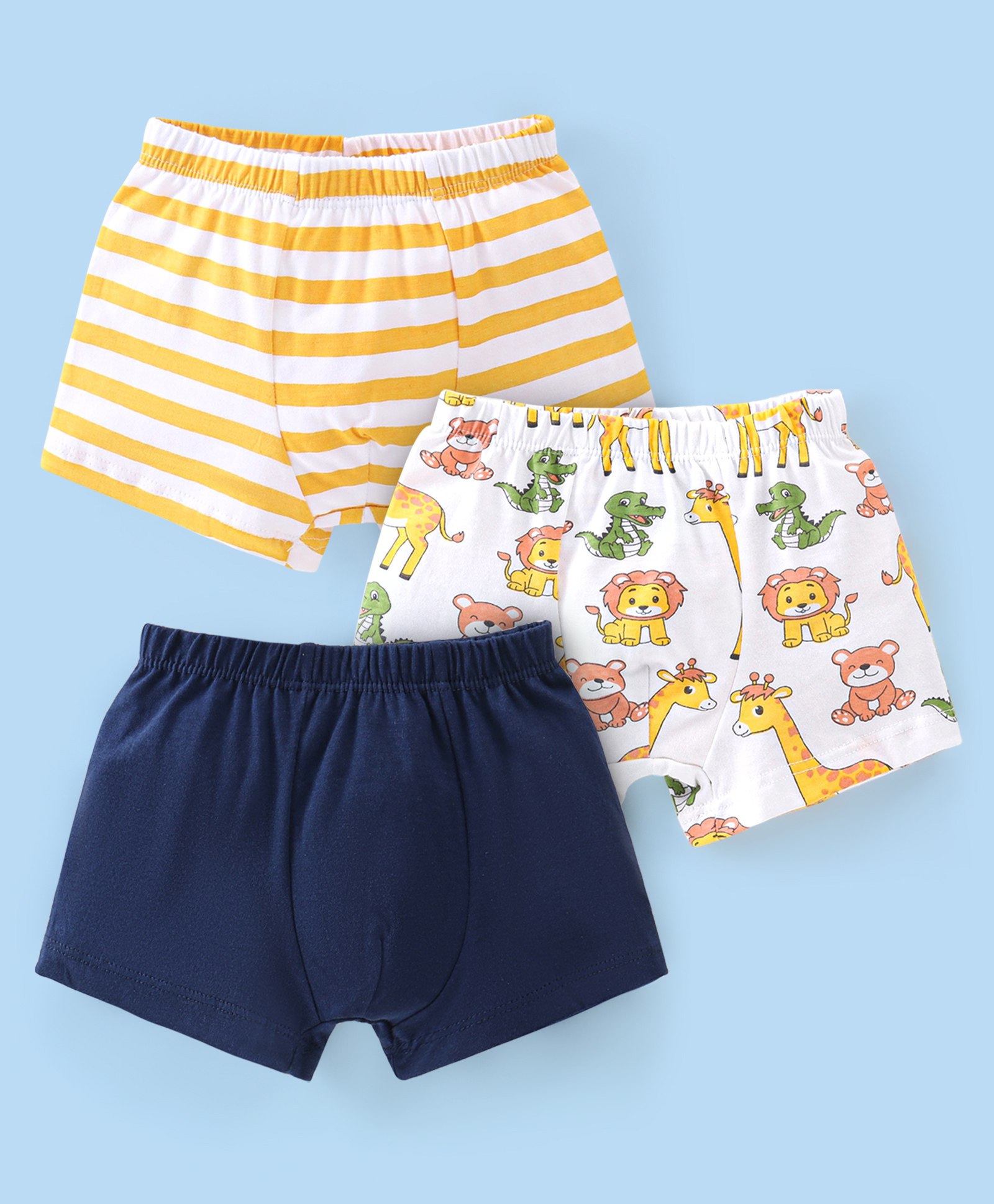 Babyhug 100% Cotton Knit Lion Print Trunks Pack of 3 - White Blue & Yellow-image-47