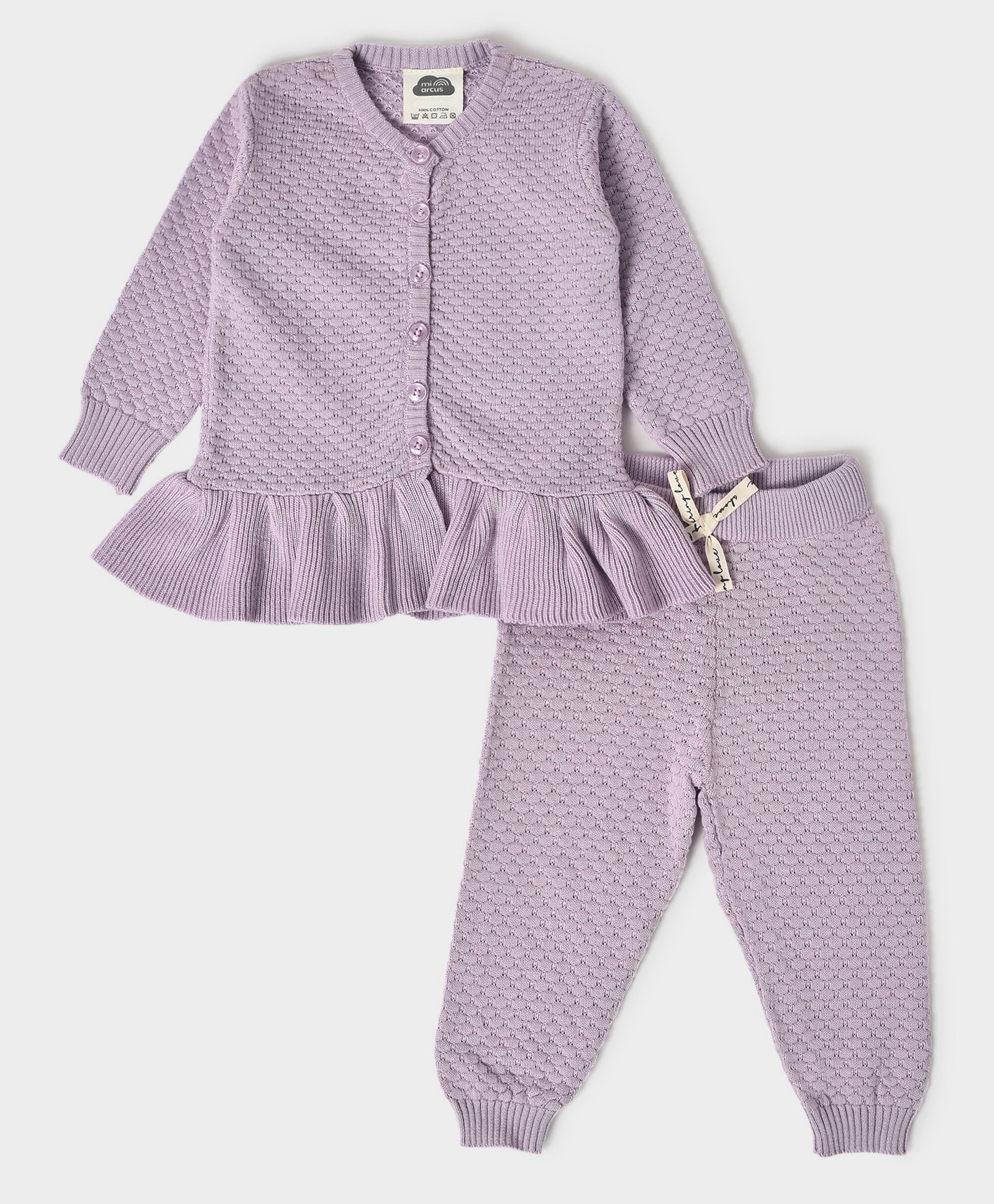 Mi Arcus Baby Girl Cotton Full Sleeves Solid Frill Detailed Cardigan & Pajama Set Lavender-picture-22