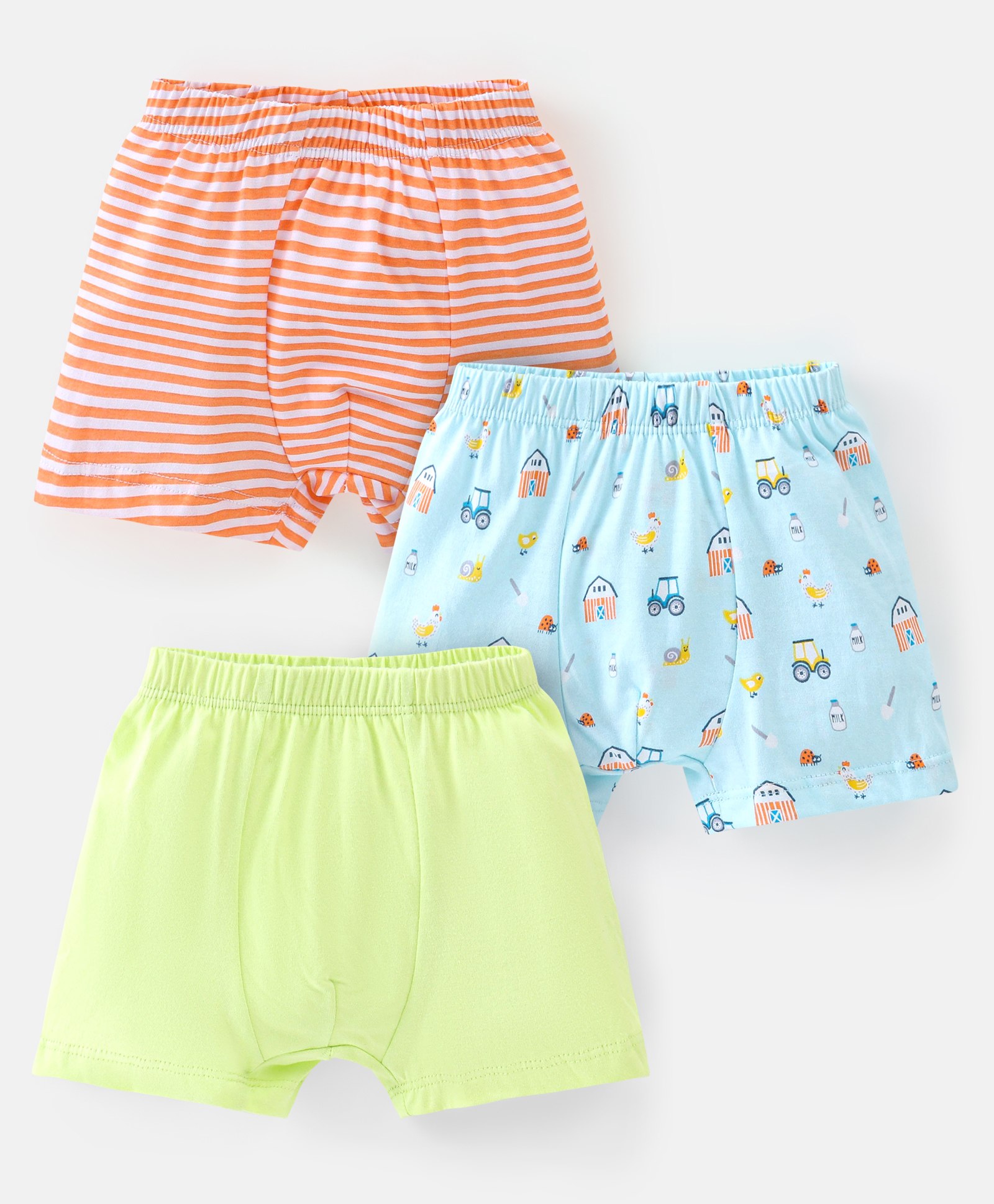 Babyhug 100% Cotton Knit Farm Print Trunks Pack of 3 - Green Blue & Red-image-7