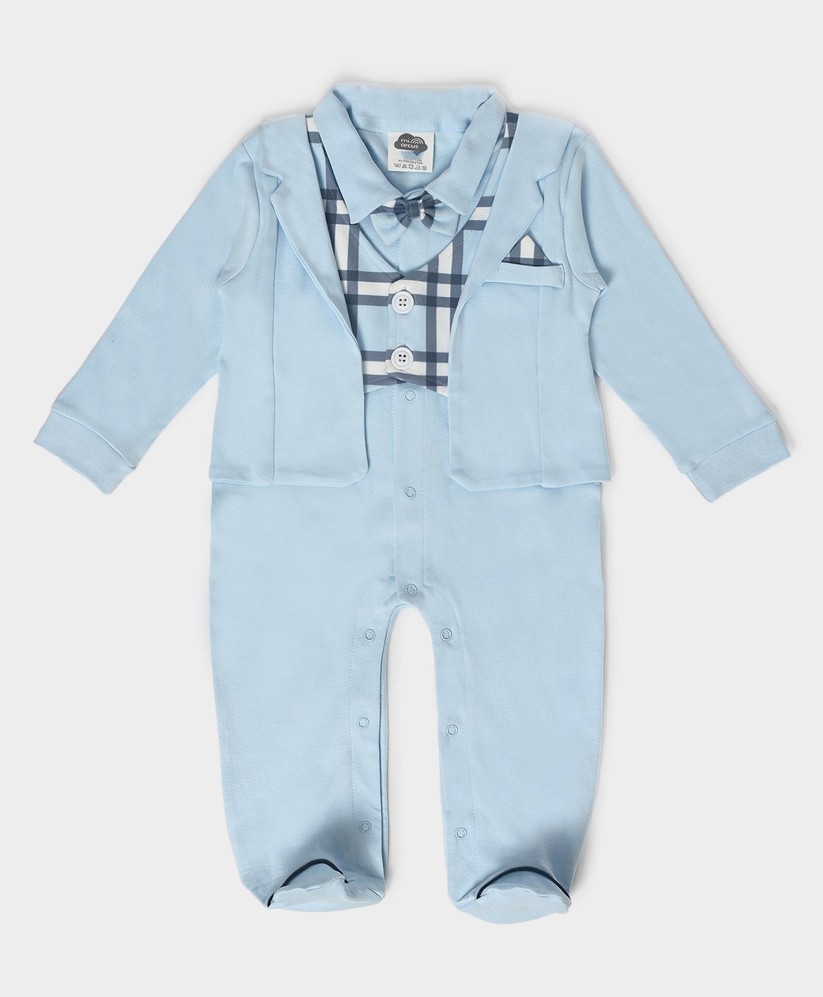 Mi Arcus 95% Cotton 5% Polyester Full Sleeves Bow Applique & Plaid Checked Detailed  Winter Wear Romper -  Sky Blue-picture-0
