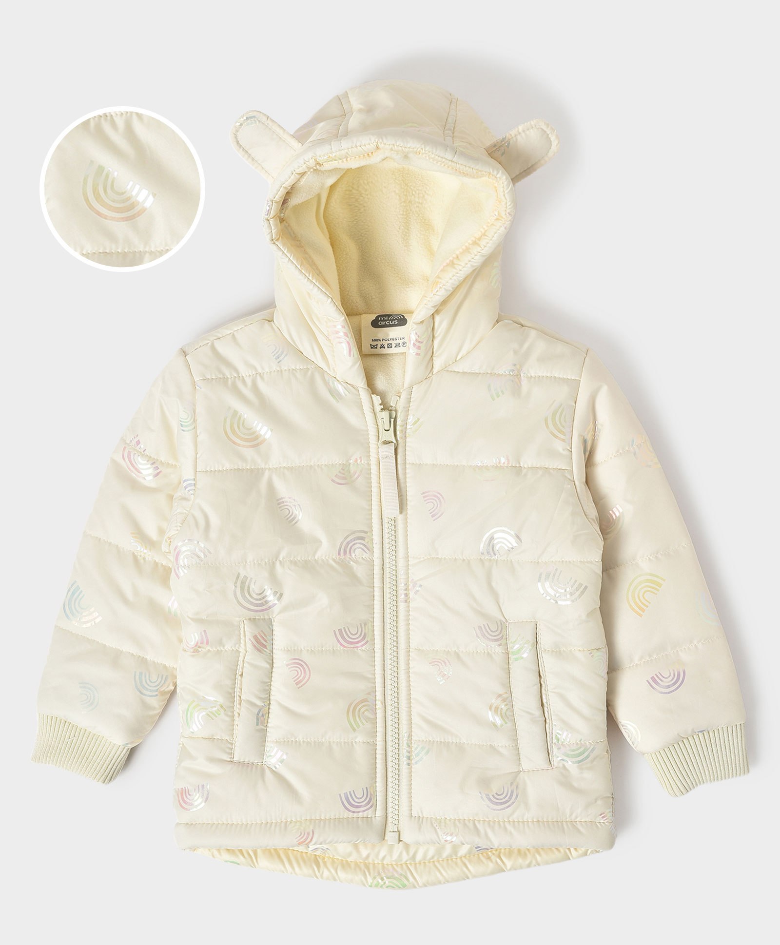 Mi Arcus 100% Polyester Full Sleeves Monochrome Rainbow Printed Winter Wear Padded Hooded Jacket - Off White-picture-22