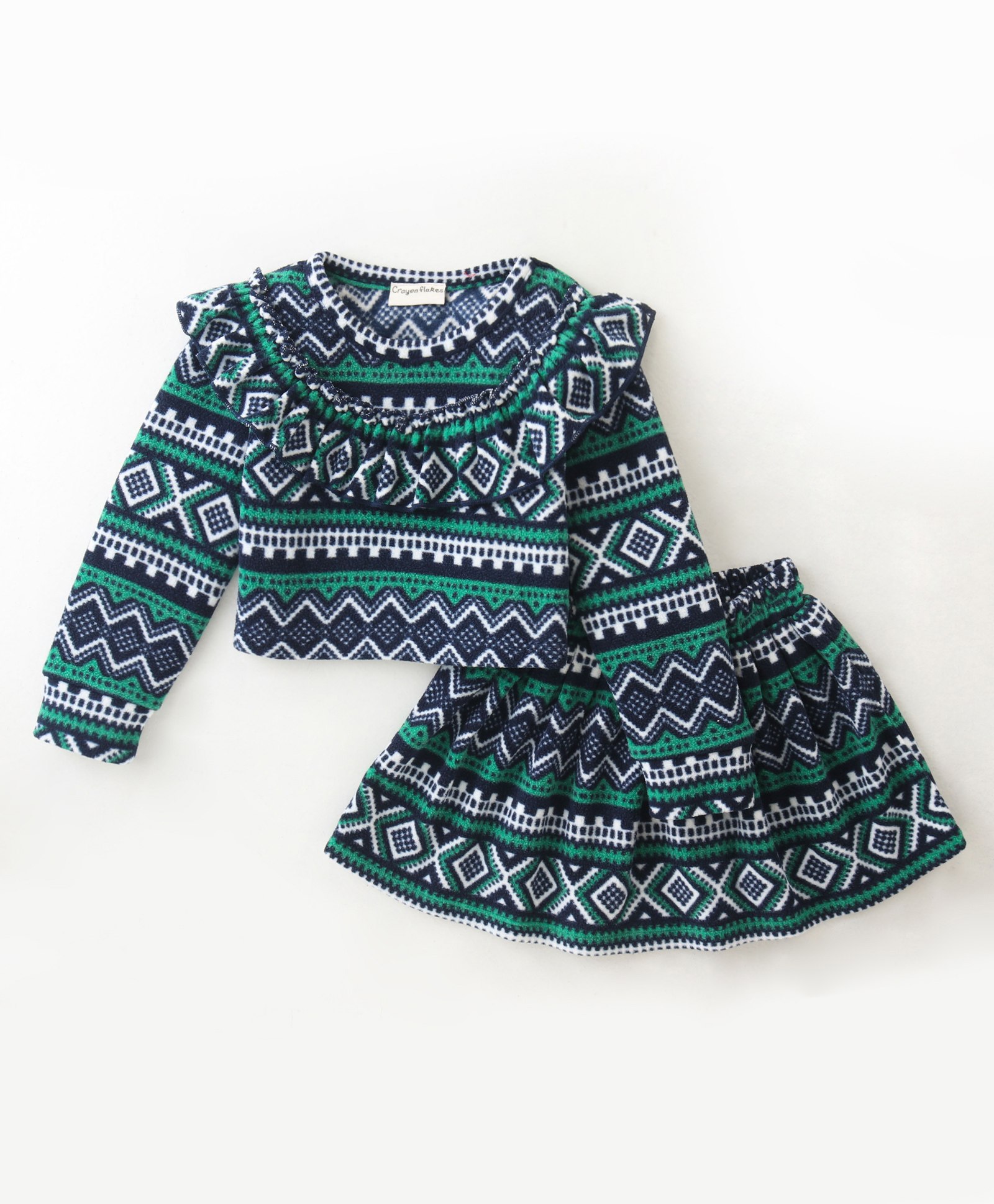 Crayonflakes Polar Fleece Full Sleeves Jacquard Bands Designed  & Frill Neckline Detailed Top With Coordinating Skirt - Navy Blue-picture-19