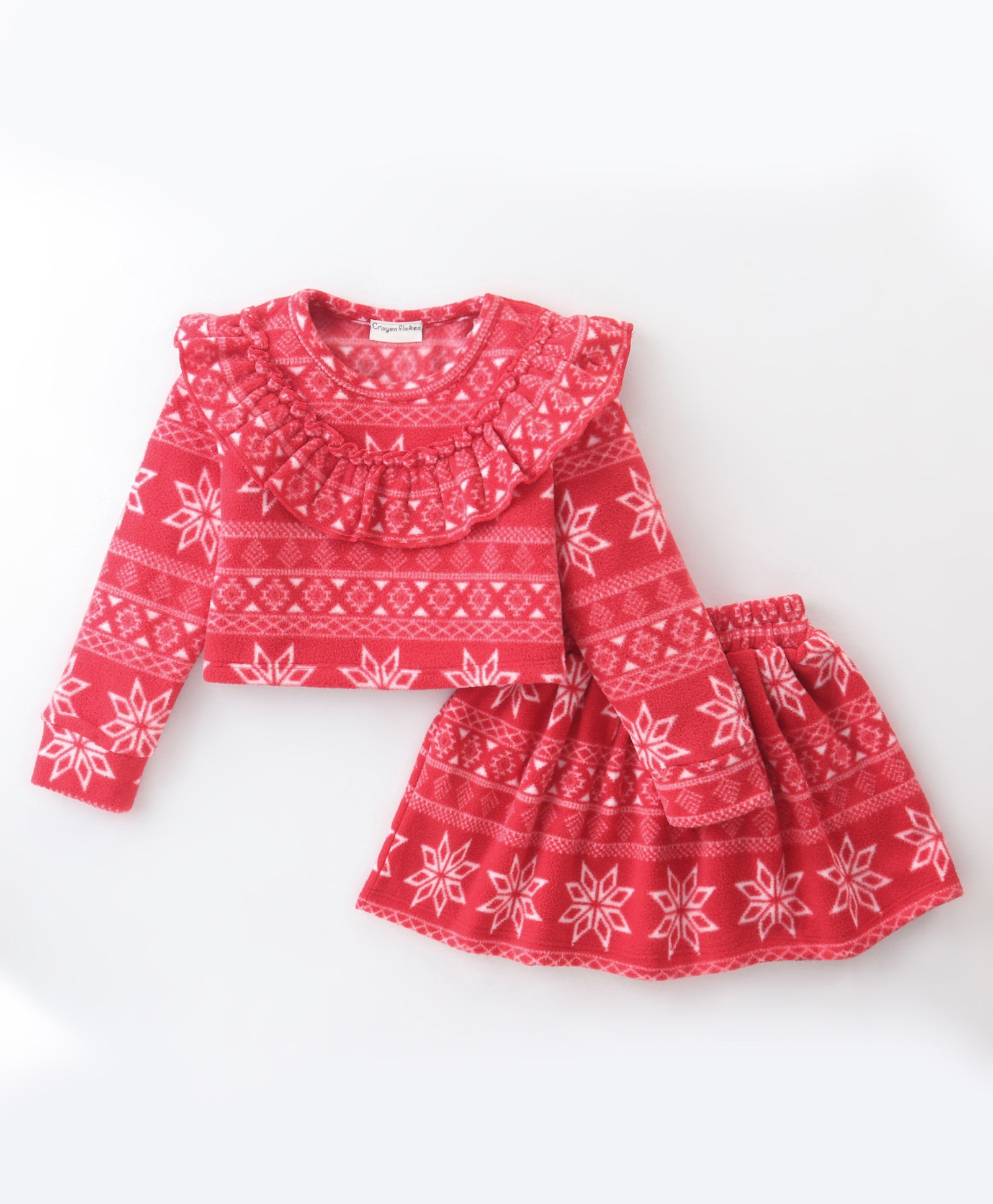 Crayonflakes Polar Fleece Full Sleeves Jacquard Bands Designed & Frill Neckline Detailed Top With Coordinating Skirt - Red-picture-30