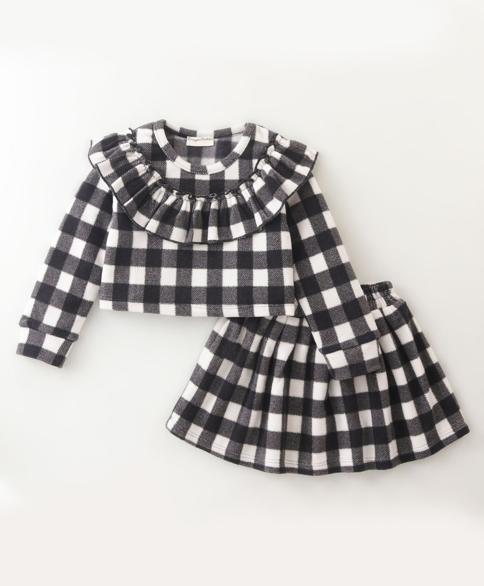 Crayonflakes Polar Fleece Full Sleeves Buffalo Checked & Frill Neckline Detailed Top With Coordinating Skirt - Black-picture-16