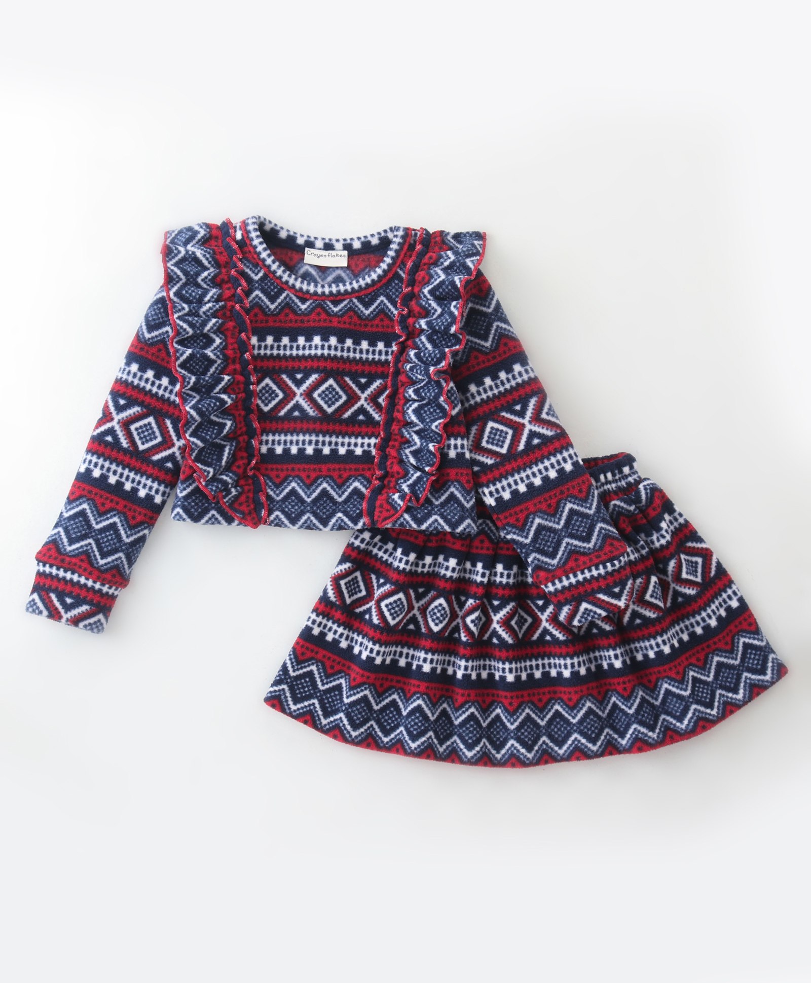 Crayonflakes Polar Fleece Full Sleeves Jacquard Bands Designed & Frill Detailed Top With Coordinating Skirt - Navy Blue & Red-picture-31