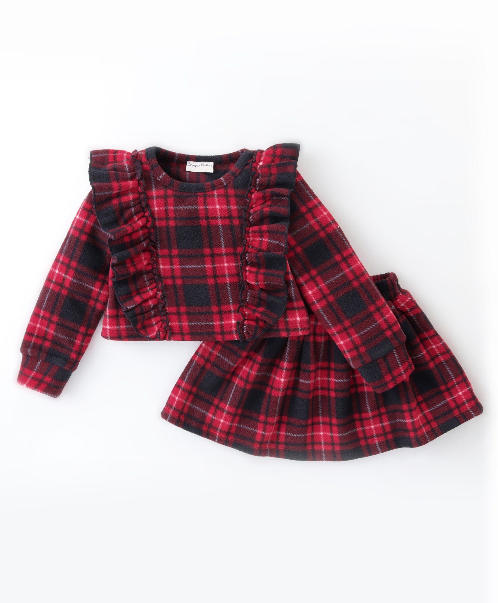 Crayonflakes Polar Fleece Full Sleeves Plaid Checked & Frill Detailed Top With Coordinating Skirt - Red-picture-10