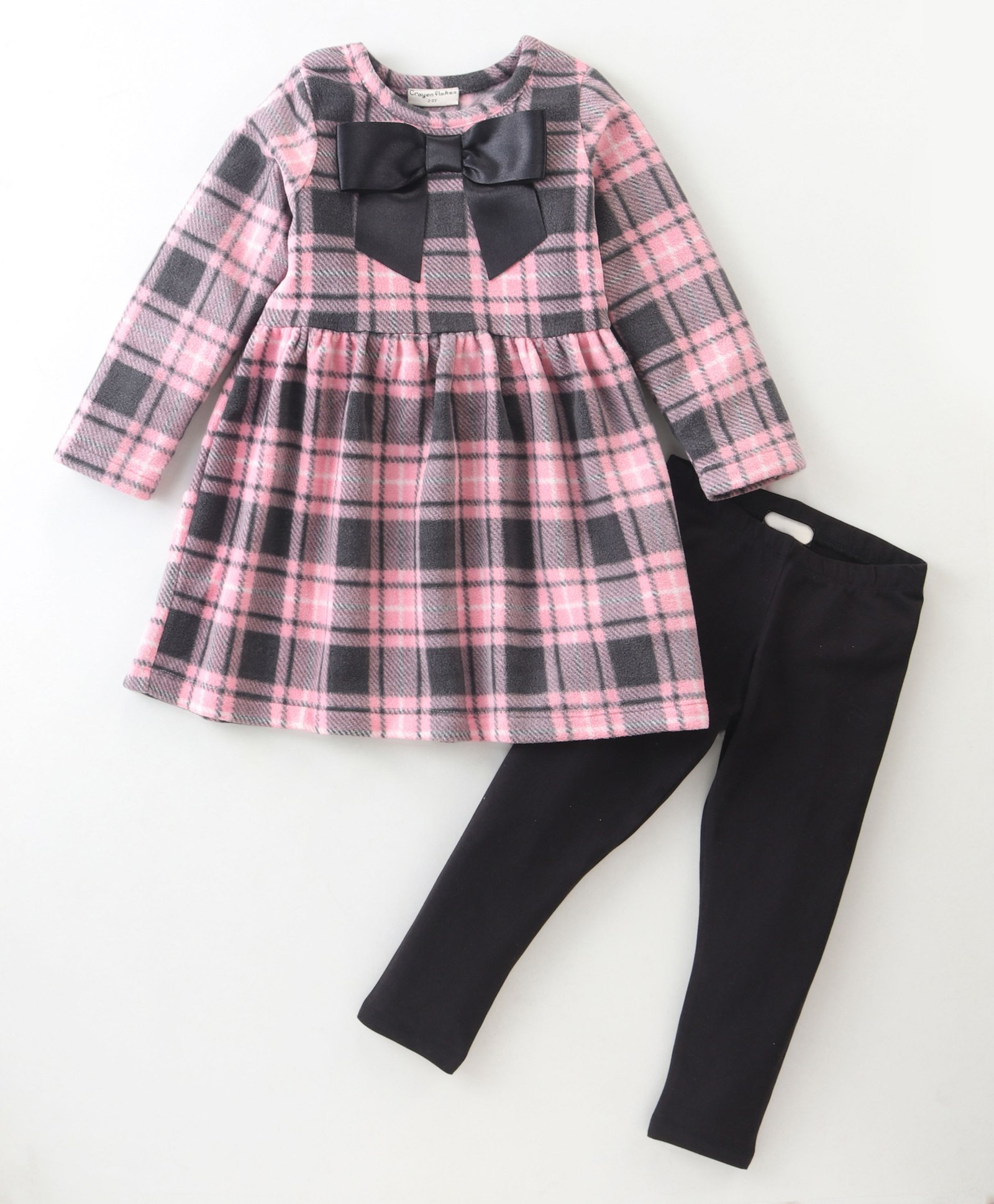 Crayonflakes Polar Fleece Full Sleeves Checkered & Bow Detailed Fit & Flare Dress With Leggings - Pink-picture-24