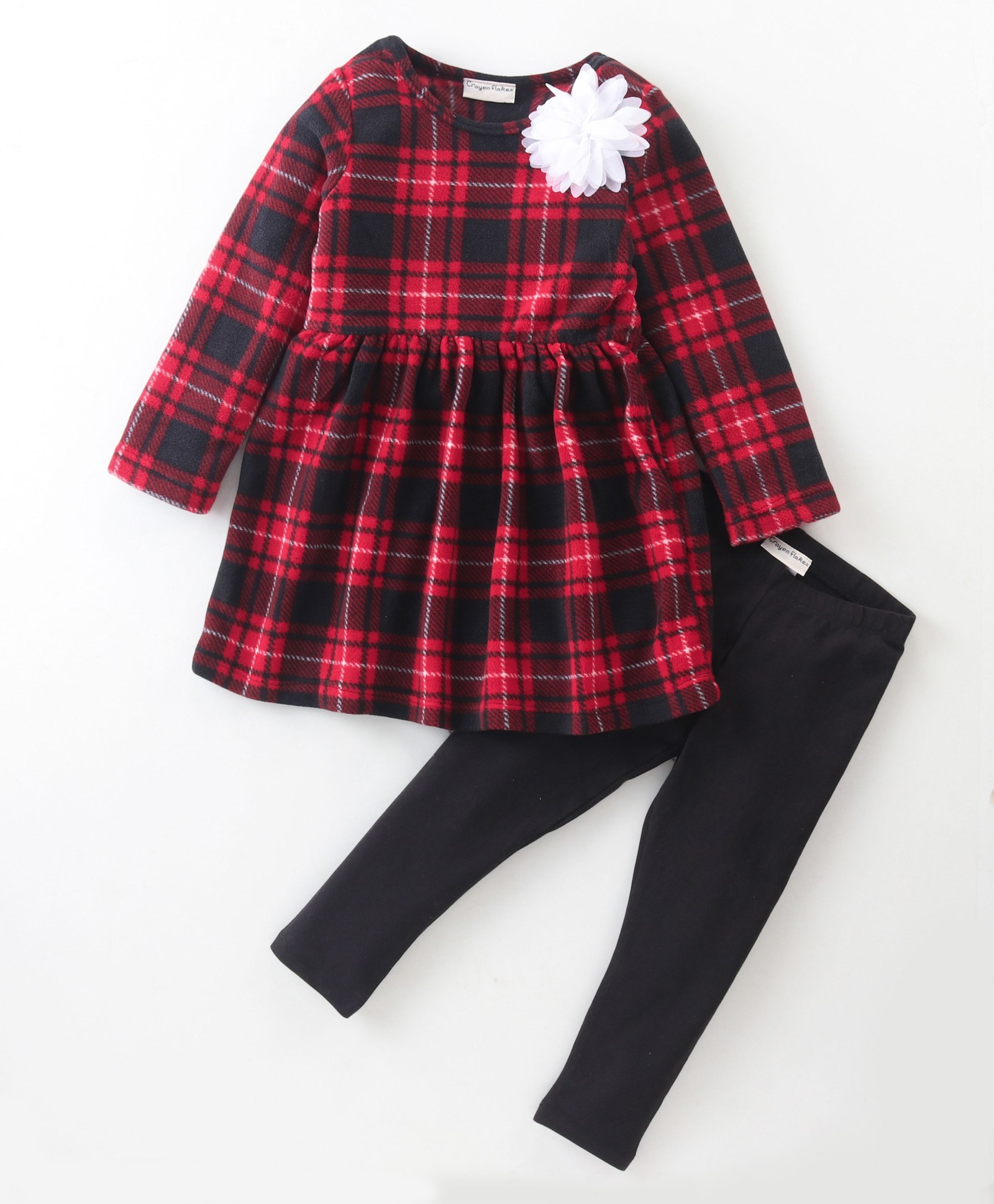 Crayonflakes Polar Fleece Full Sleeves Checkered & Flower Detailed Fit & Flare Dress With Leggings - Red-picture-25