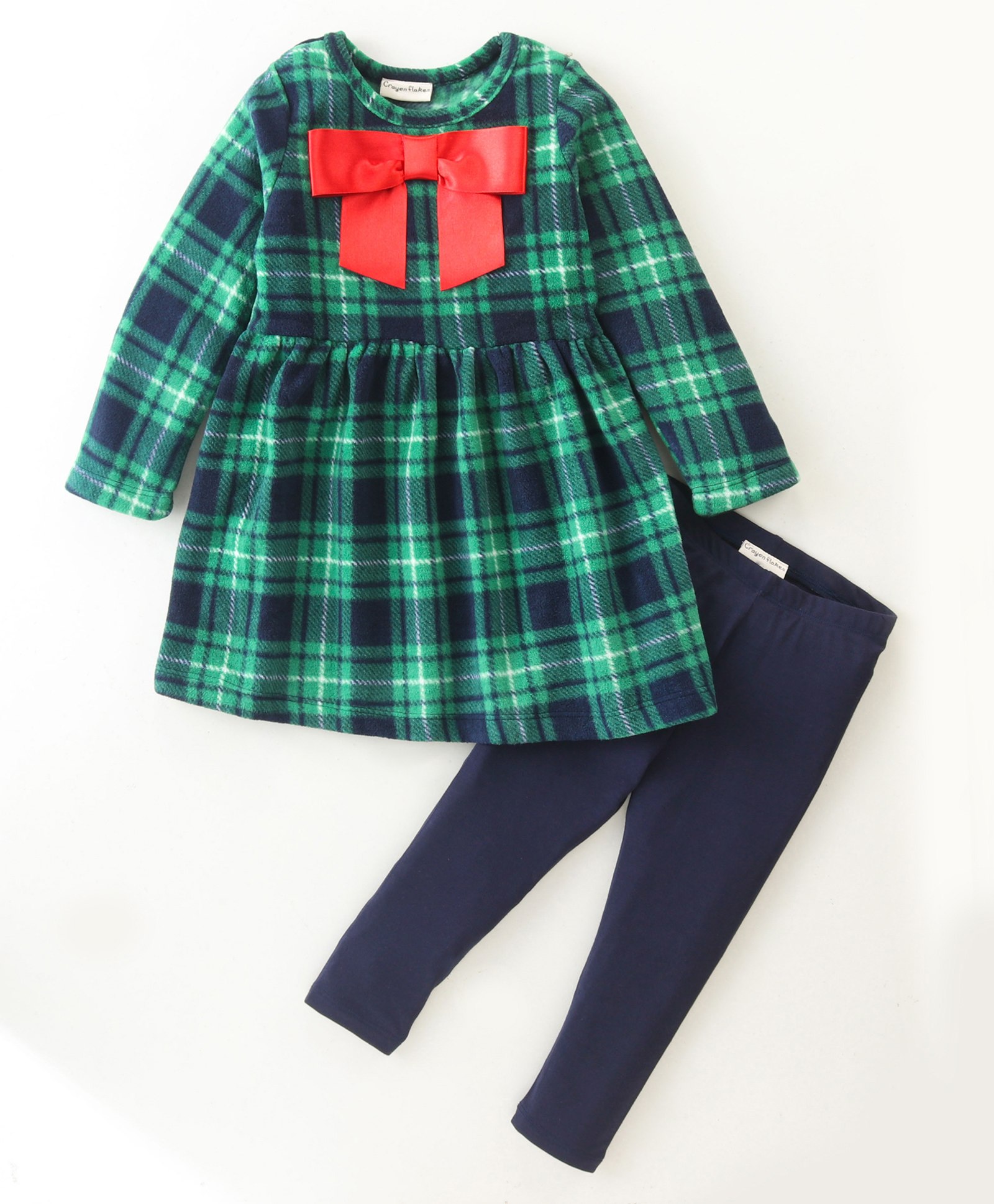 Crayonflakes Polar Fleece Full Sleeves Checkered & Bow Detailed Fit & Flare Dress With Leggings - Green-picture-33