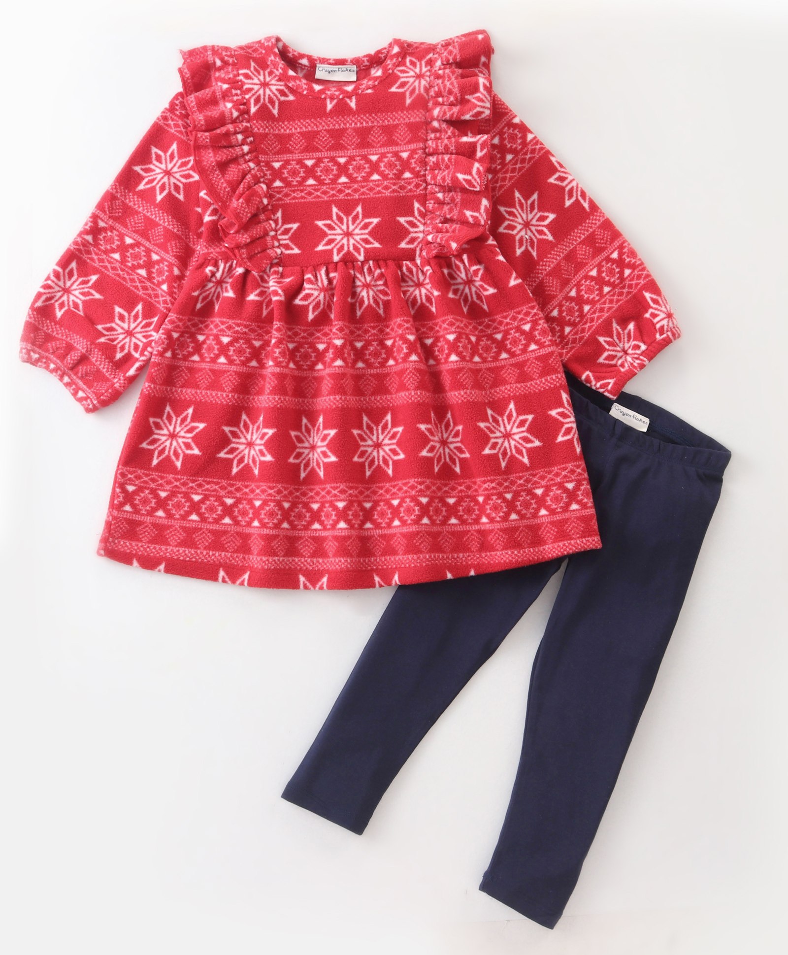 Crayonflakes Polar Fleece Full Sleeves Jacquard Bands Designed Frill Detailed & Bow Embellished Dress With Leggings - Red-picture-14