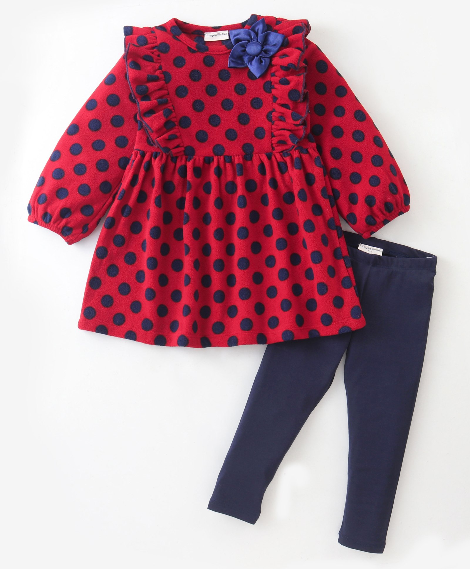 Crayonflakes Polar Fleece Full Sleeves Polka Dot Printed & Frill Detailed Dress With Leggings - Red-picture-22