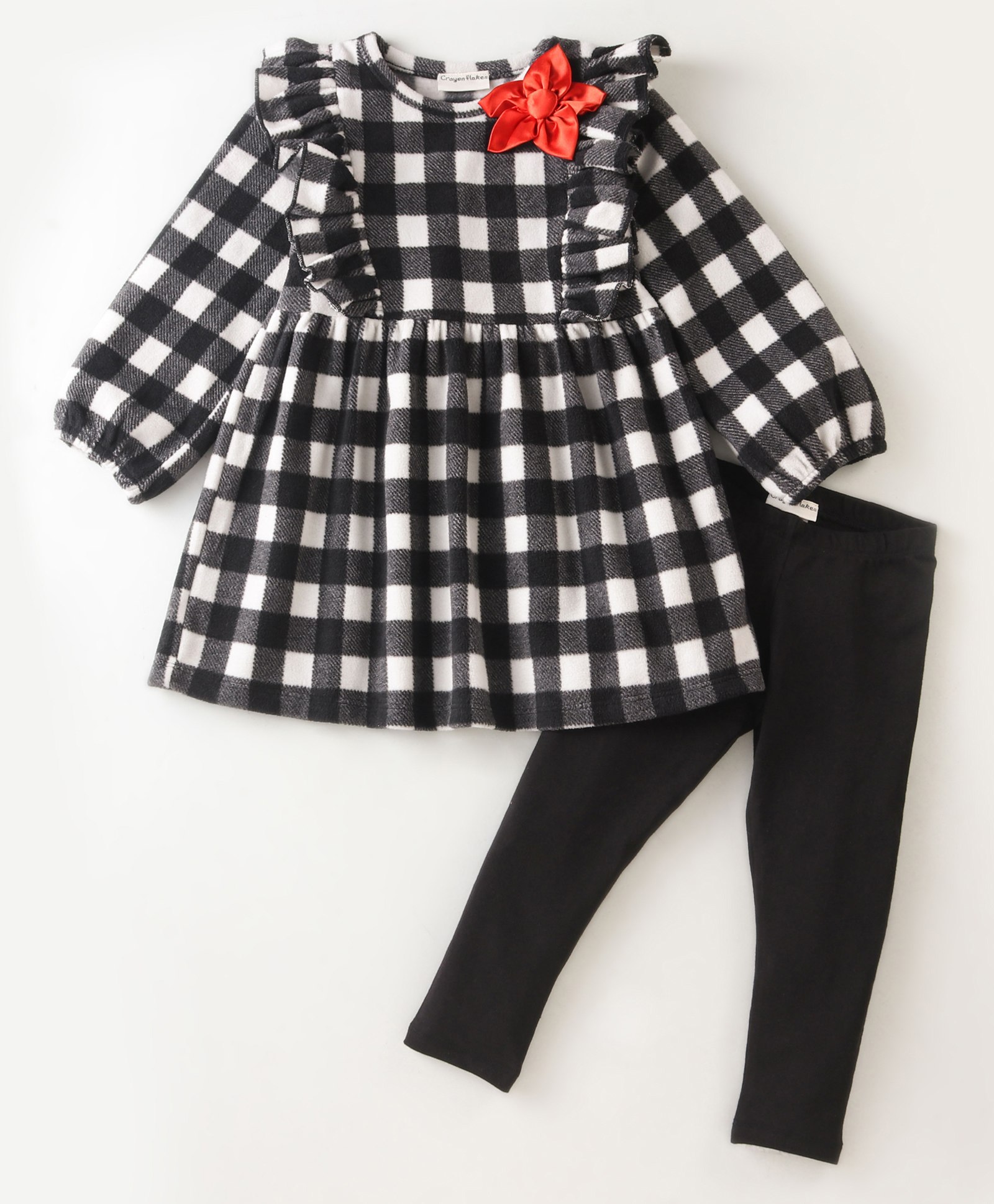 Crayonflakes Polar Fleece Full Sleeves Checkered & Frill Detailed Bow Embellished Dress With Leggings - Black-picture-21