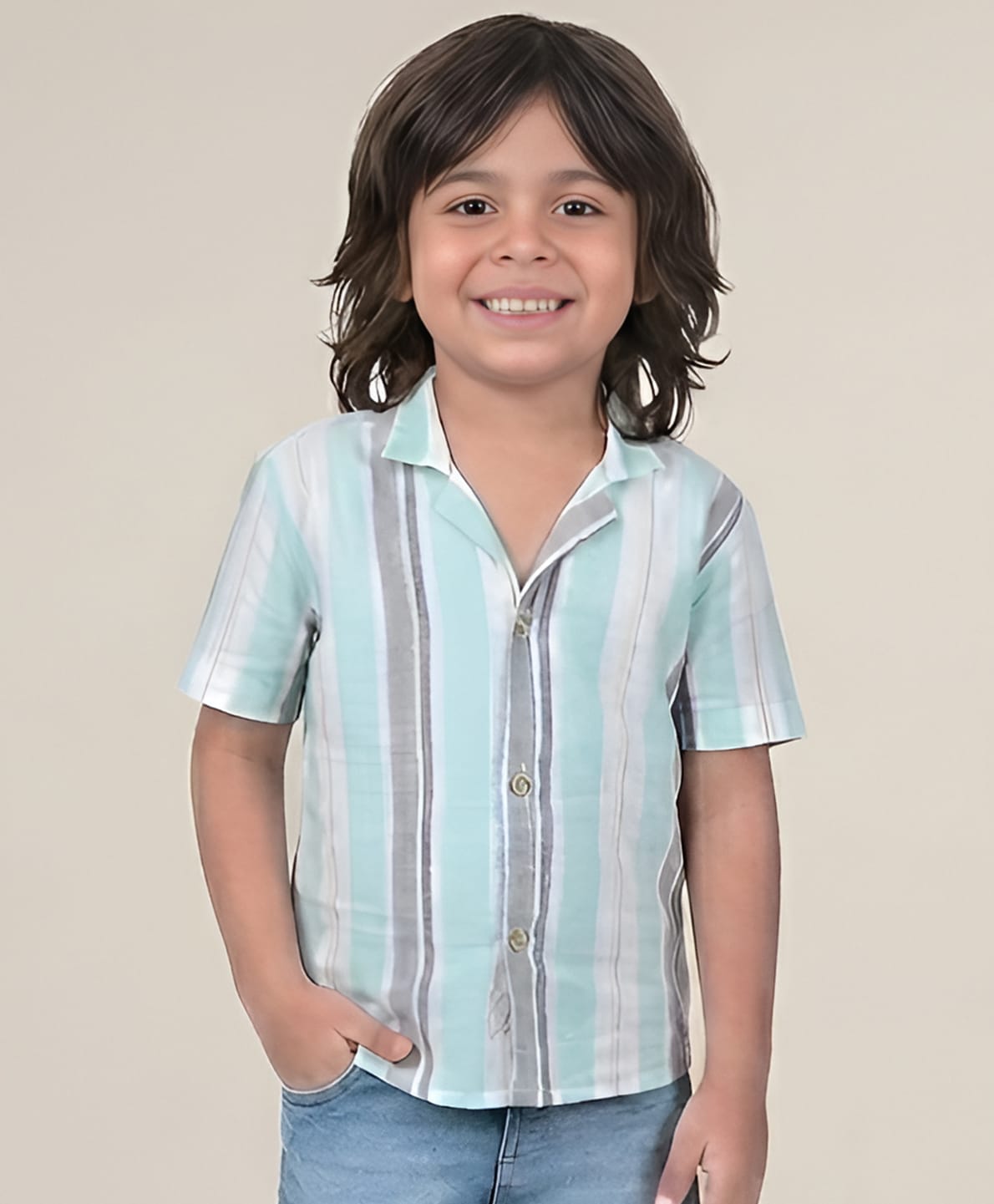 Polka Tots Half Sleeves  Striped Shirt - Aqua Blue & Grey-picture-11