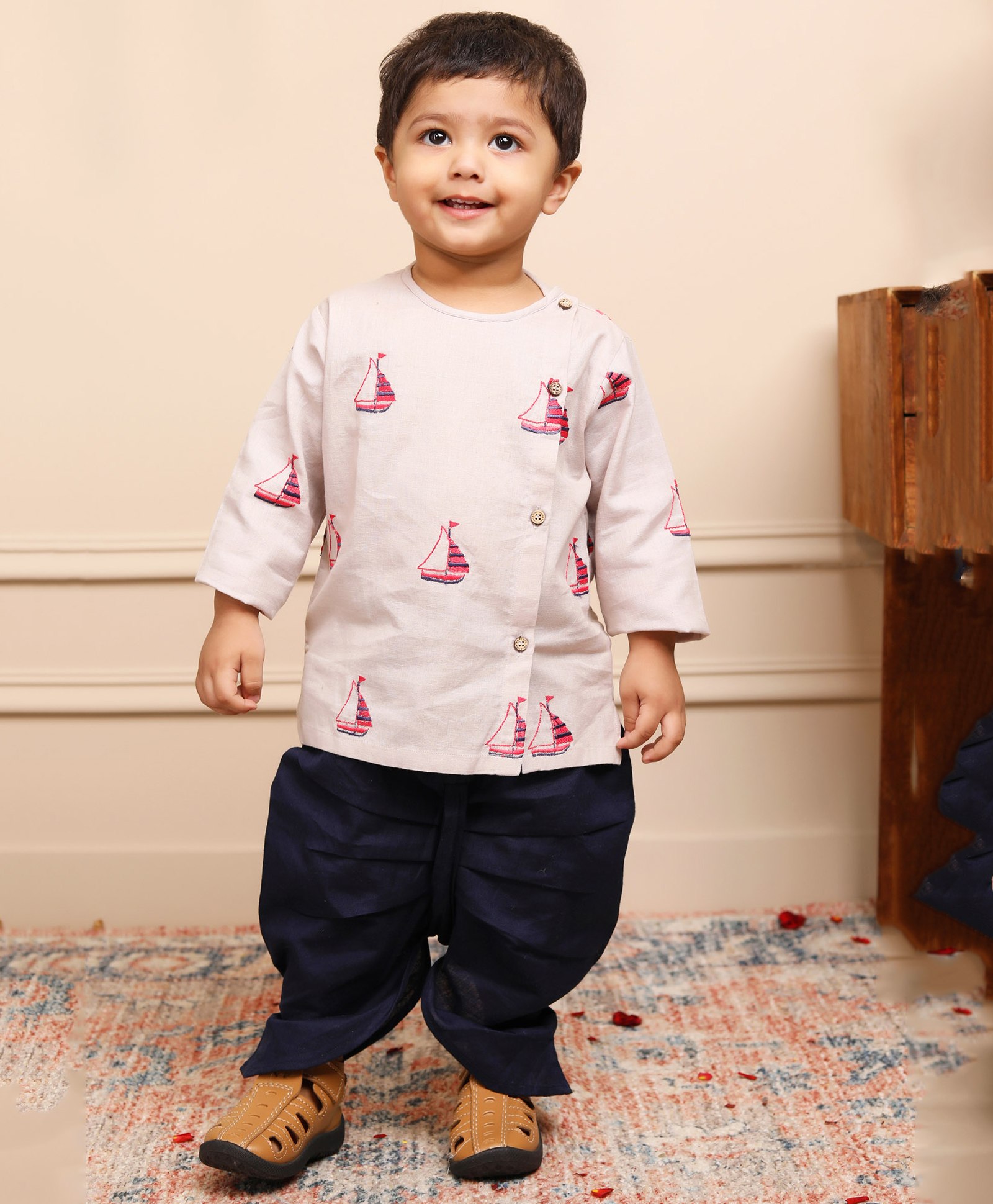 Polka Tots Full Sleeves Boat Embroidered Kurta  With Dhoti - Cream-image-3