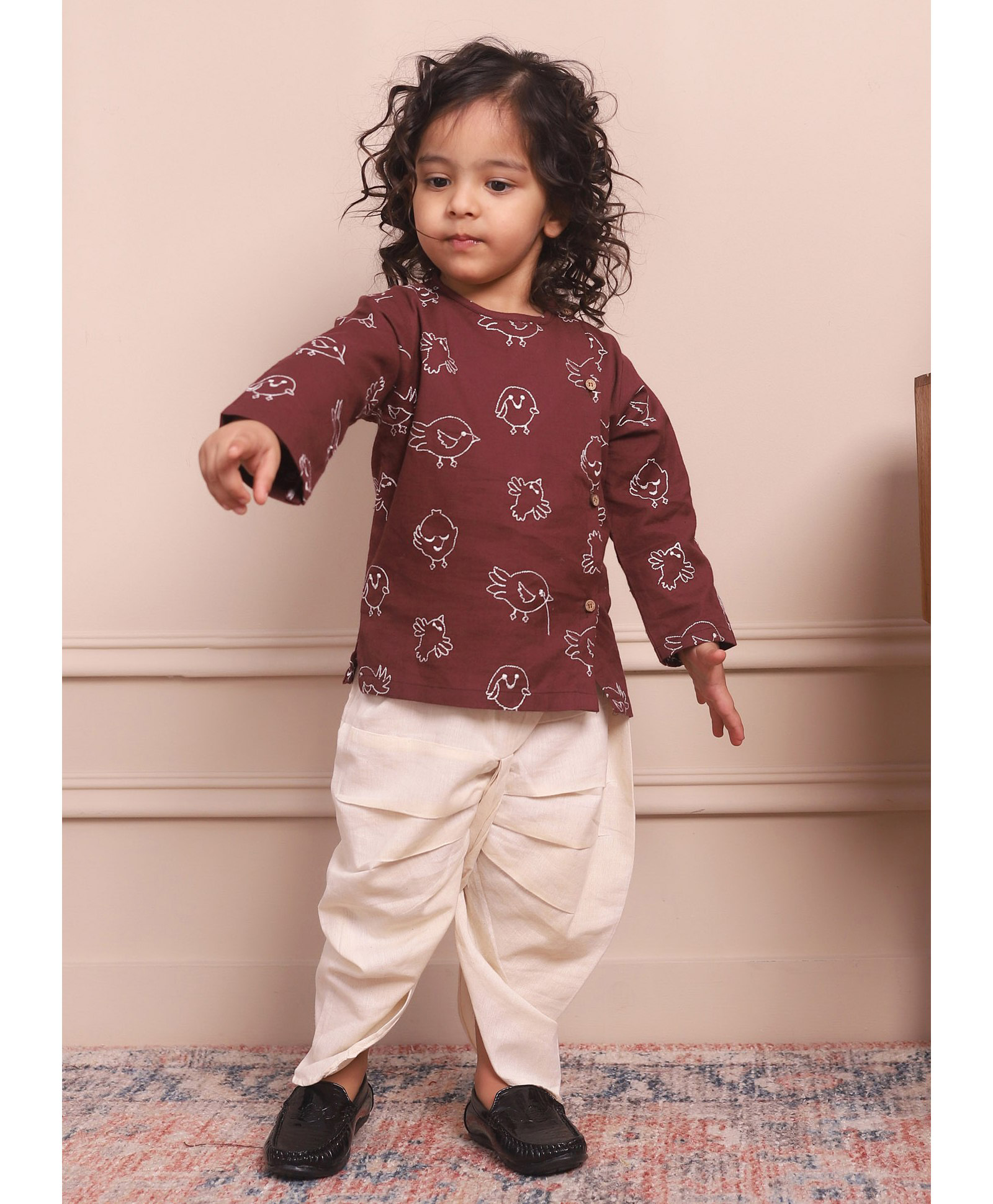 Polka Tots Full Sleeves Bird Embroidered  Kurta   With Dhoti - Wine-image-7