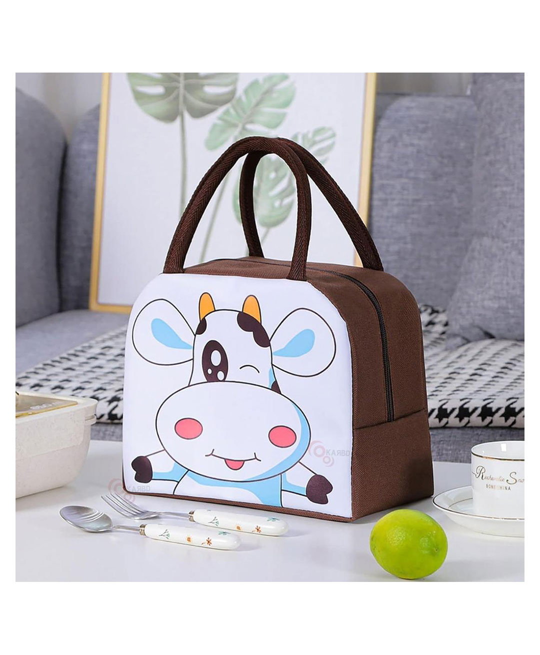 KARBD Insulated Lunch Box Bag with Aluminium Foil Insulation - Brown Colour, White Cow Design-image-24