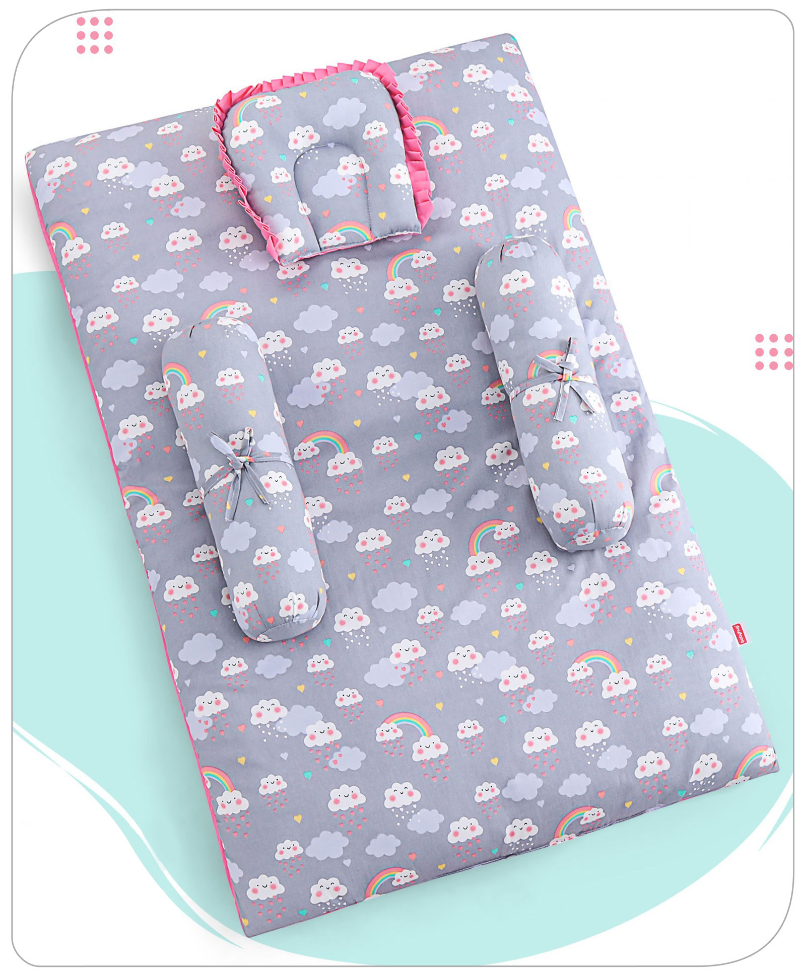 Babyhug 100% Cotton Bedding Set with Neck Pillow And Bolsters Set Cloud Rainbow Print - Grey (Pillow Color May Vary)-image-4