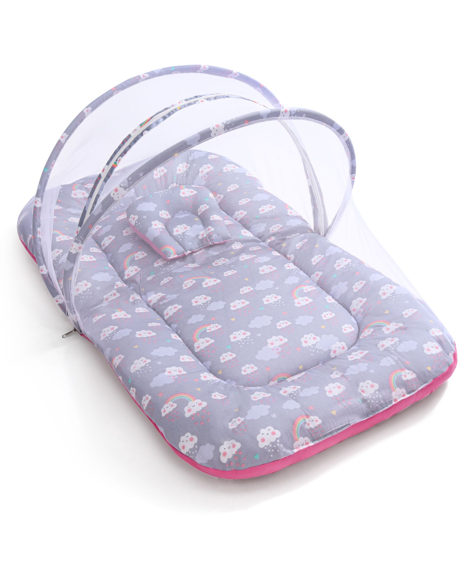 Babyhug 100% Cotton Bedding Set with Mosquito Net Cloud Rainbow Print - Grey-image-32