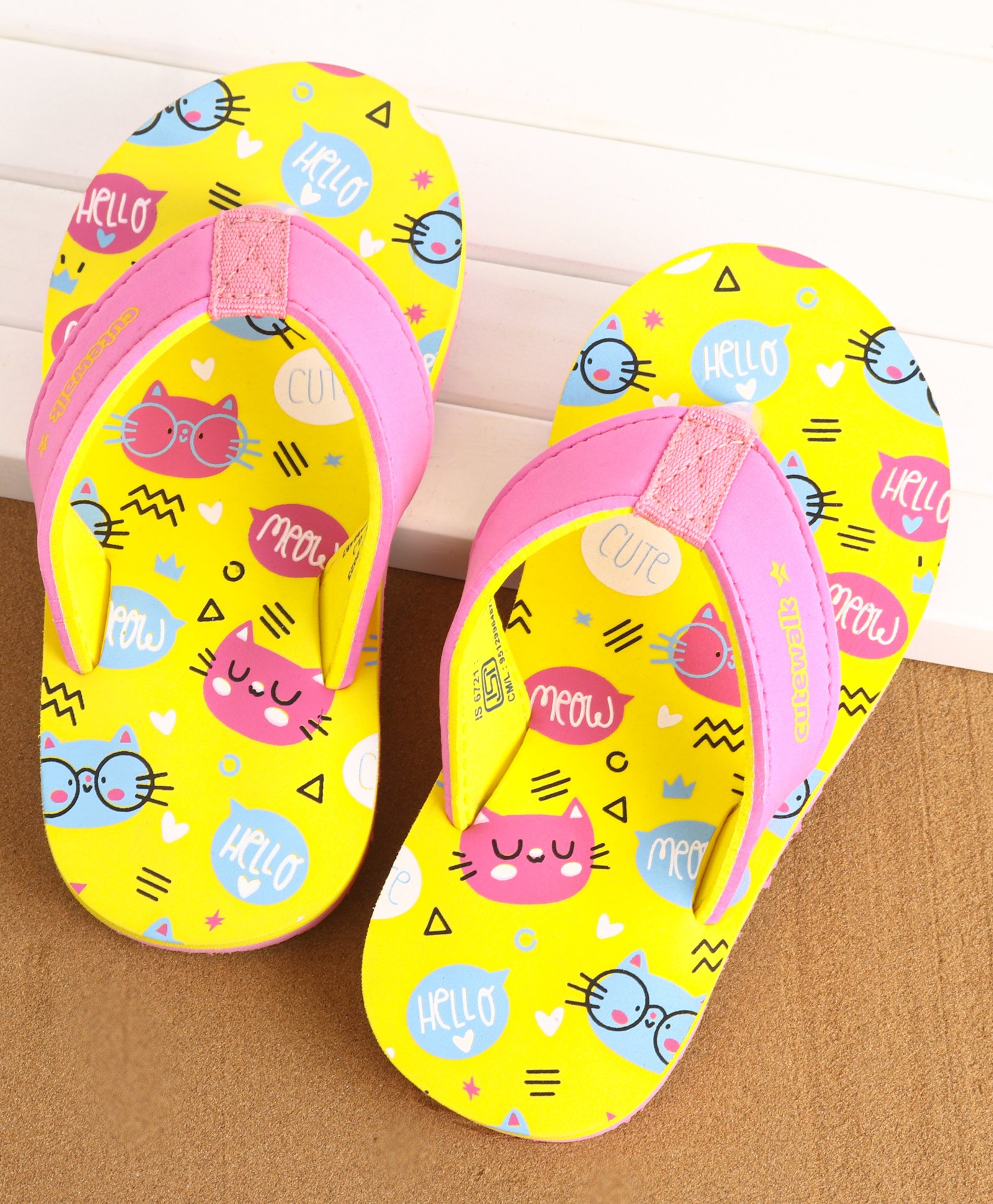 Cute Walk by Babyhug Slip On Flip Flops Kitty Print- Yellow & Pink-image-16