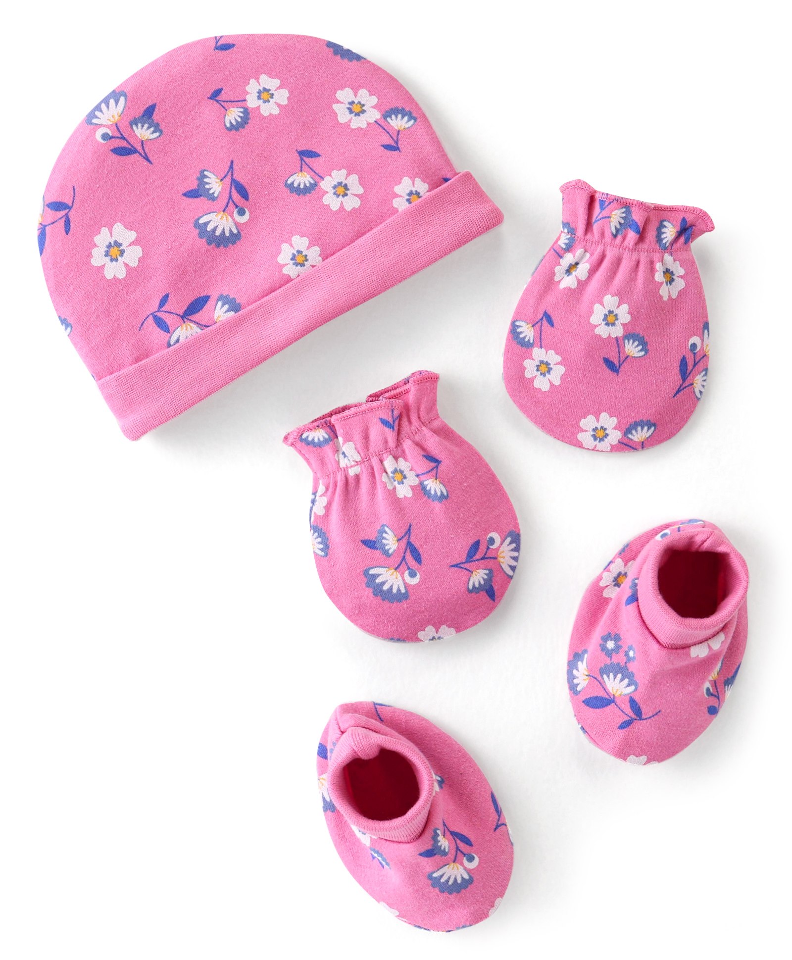 Babyhug 100% Cotton Knit Floral Printed Cap Mittens & Booties - Pink-picture-21
