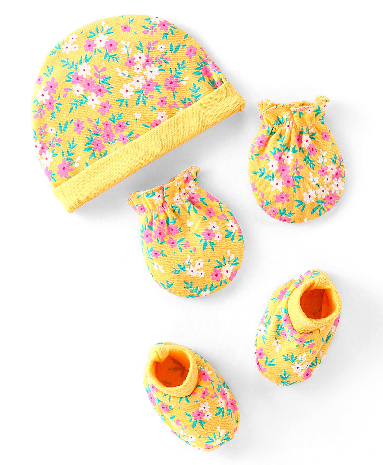 Babyhug 100% Cotton Knit Floral Printed Cap Mittens & Booties Set Yellow - Diameter 12 cm-picture-18