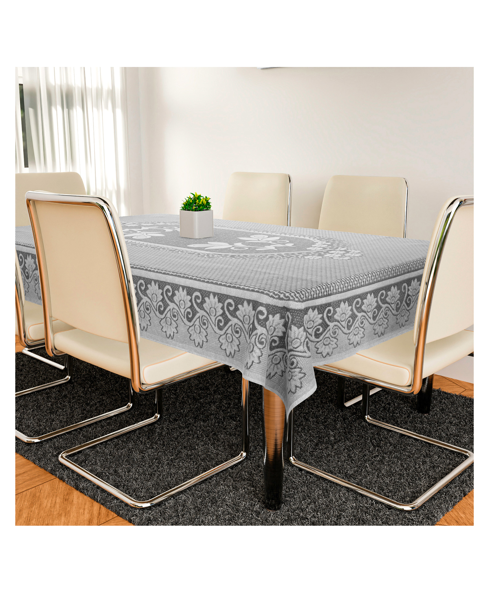 Kuber Industries Dining Table CoverLuxurious Net Floral S-19 DesignCotton Anti Skid & Waterproof Tablecloth for Home Decoration60X90 Inch (White)-picture-10