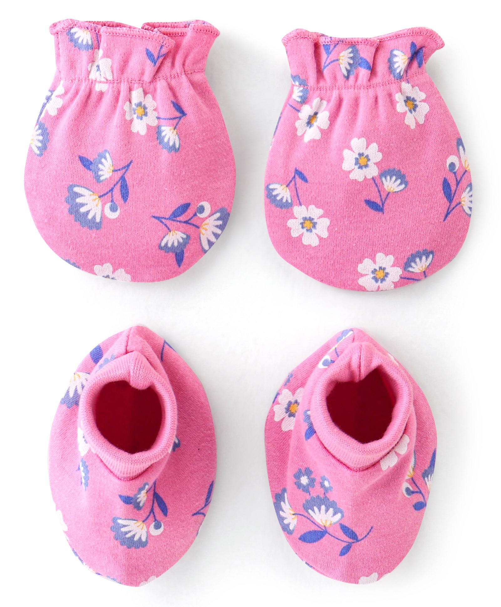 Babyhug 100% Cotton Knit Floral Printed Mittens & Booties - Pink-picture-37